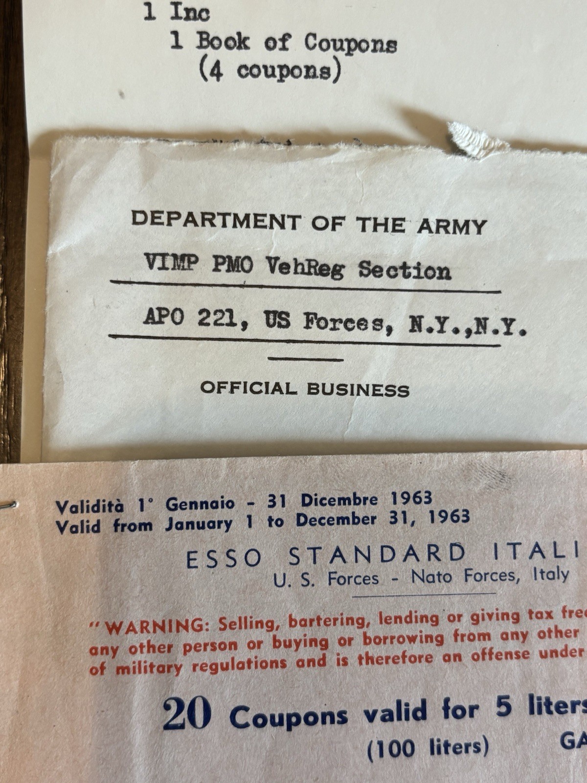 VINTAGE 1963 ESSO-NATO military Gas Coupon ￼U.S /NATO forces ￼ITALY (5liters)