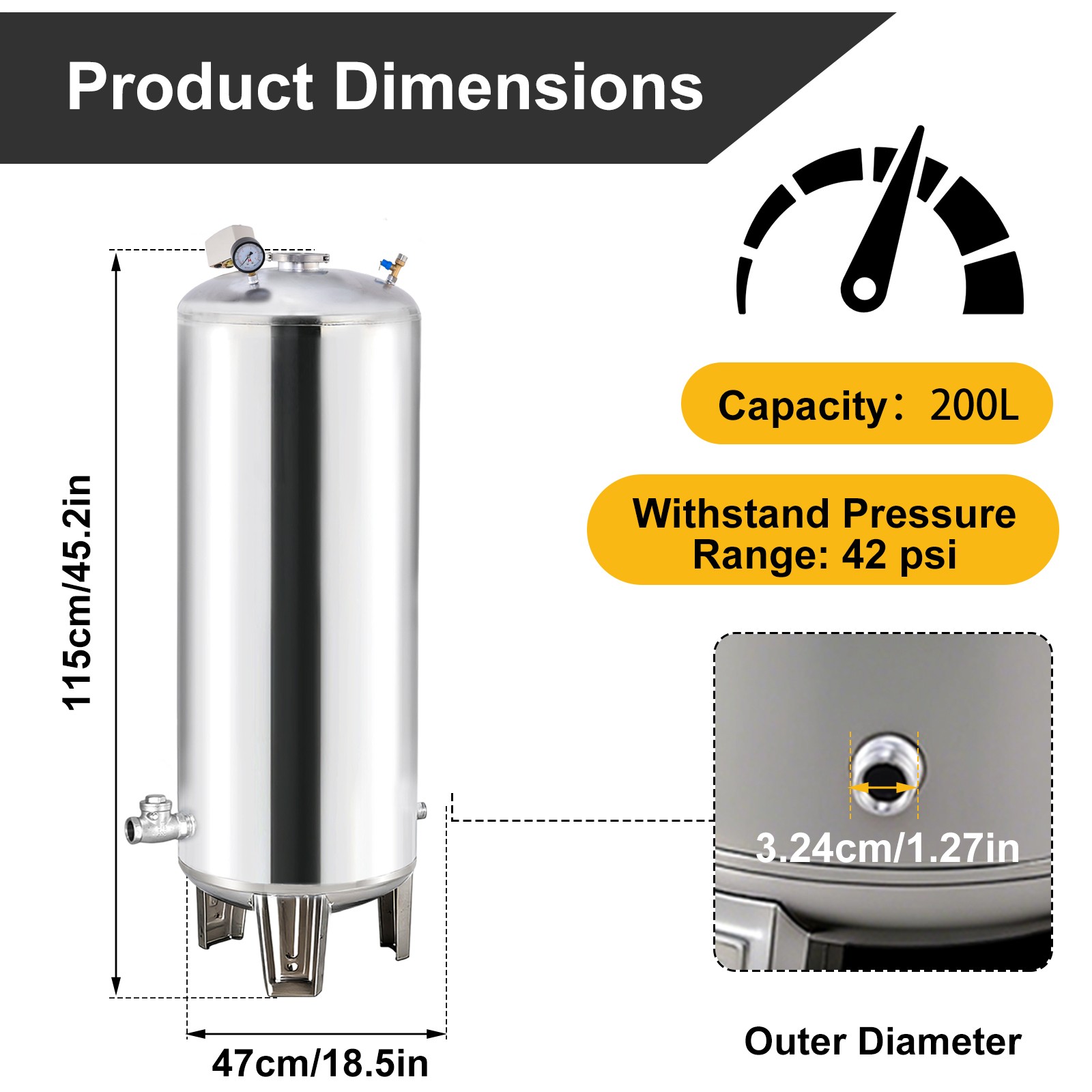 26-52 Gal Pressurized Well Tank Stainless Steel Water Pressure Tank For Well Pum