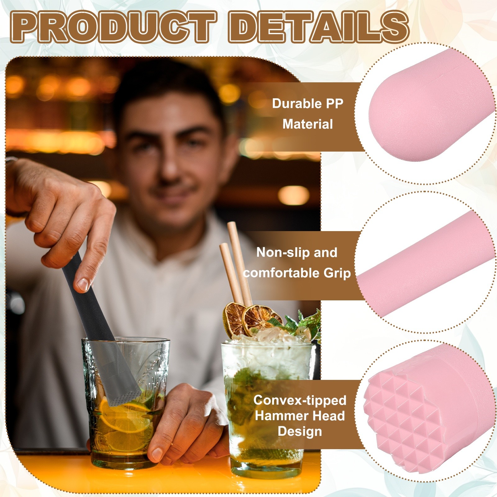 8 Pcs Cocktail Muddler, 10 Inch PP Drink Muddler, Pink (Thick)