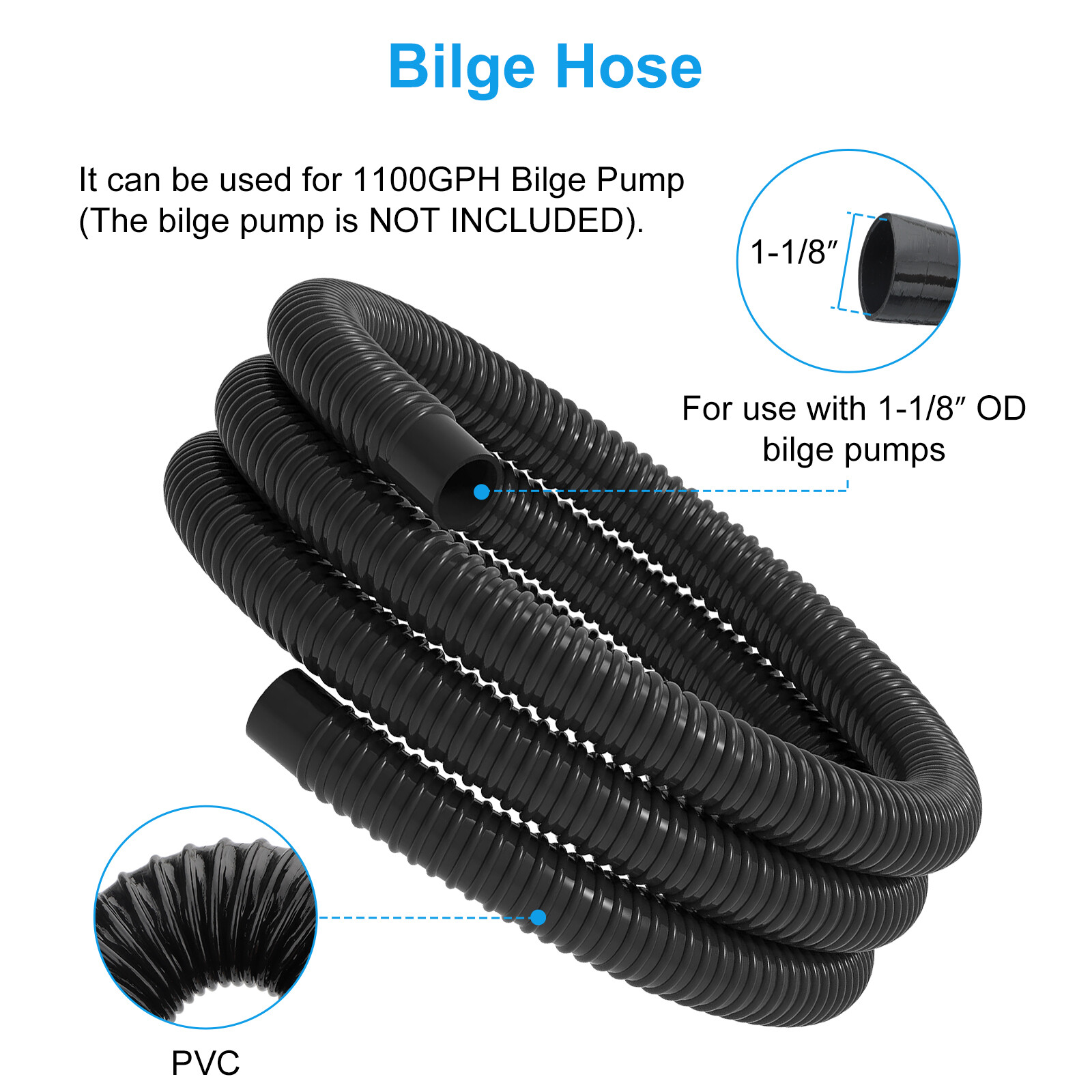 1-1/8" Dia 6ft Bilge Pump Hose with Thru-Hull Fitting Stainless Steel Clamp