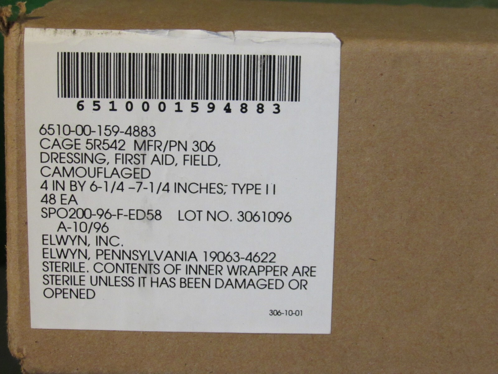 Military-3-Camo Field First Aid Dressing NSN# 6510-00-159-4883 (Qty. 48) Sealed