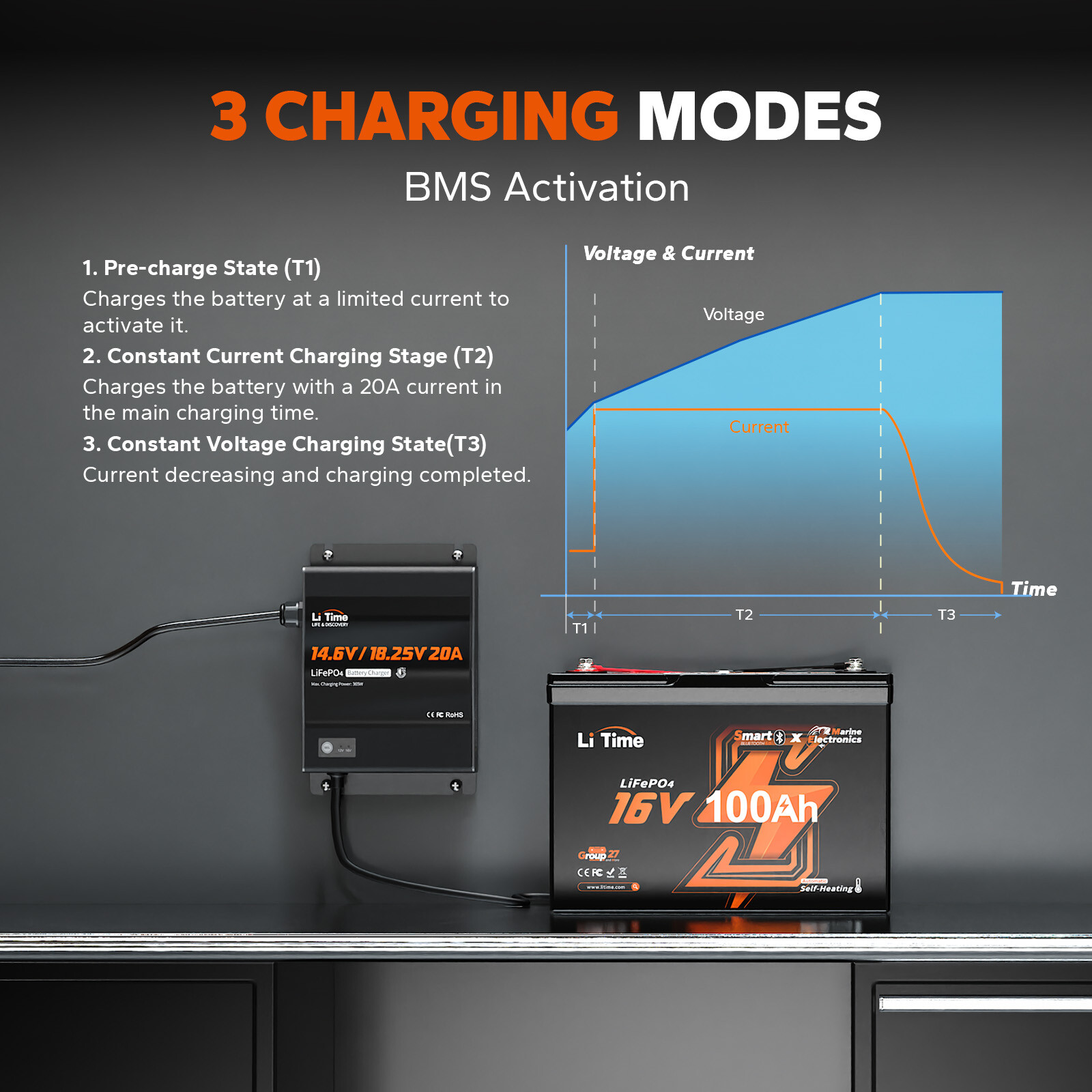 LiTime 14.6V+18.25V 20A Dual Bank Lithium Charger for 12V 16V LiFePO4 Battery