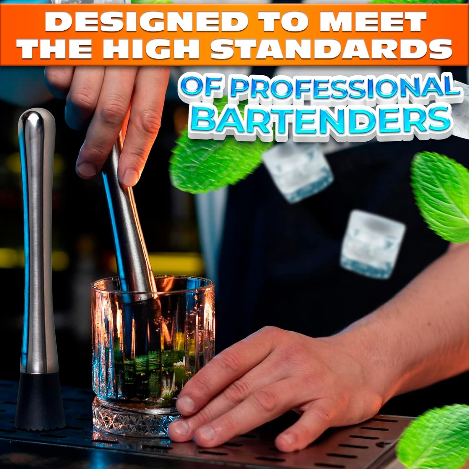 2 Pcs Bar Muddler for Cocktails – 8" Stainless 2 Muddlers, Silver, Black