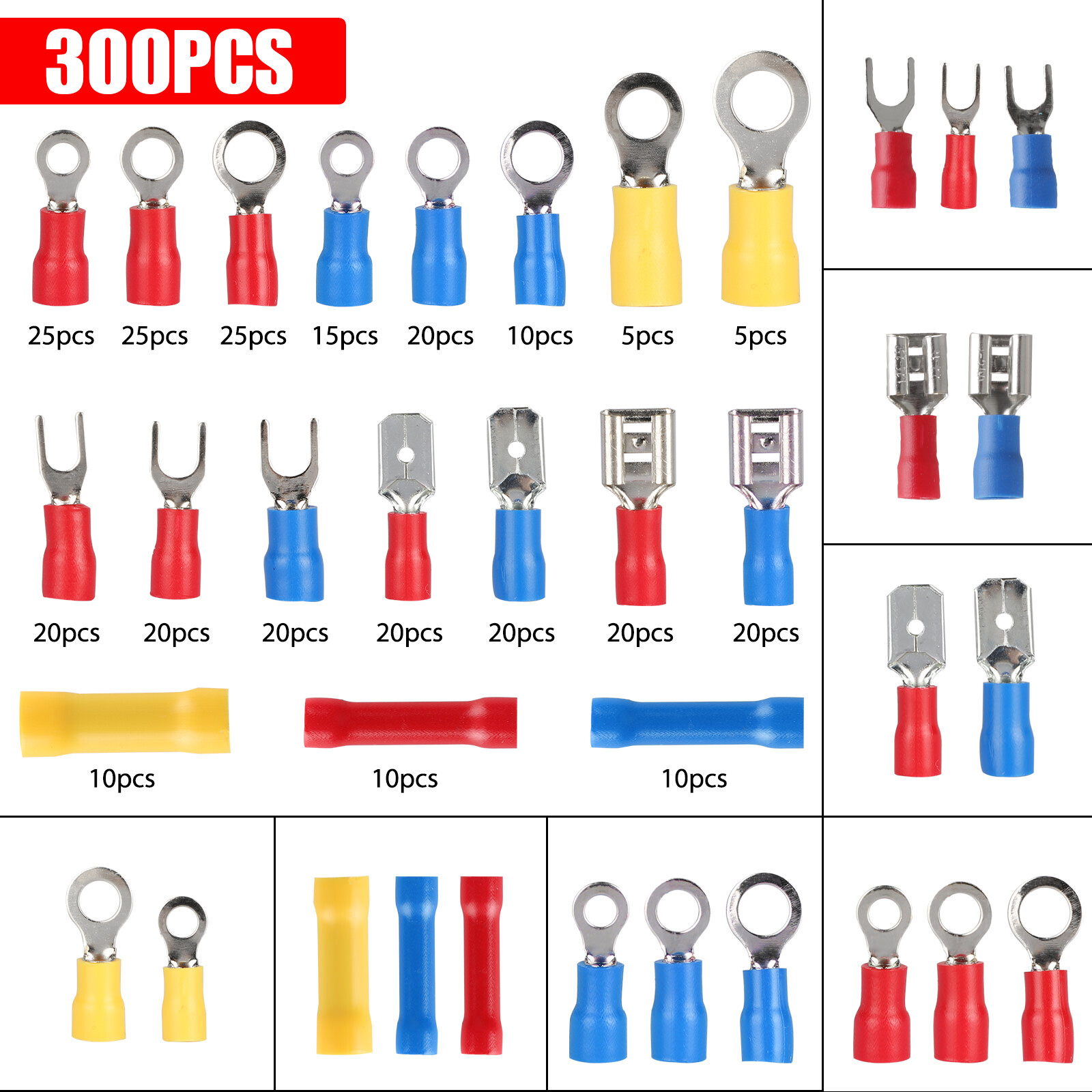 300PCS Insulated Electrical Wire Terminal Ring Splice Spade Crimp Connector Kit
