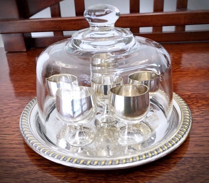Vintage Cordial Silverplate Set With Tray And Glass Cover - Ruby & Sons Jewelers
