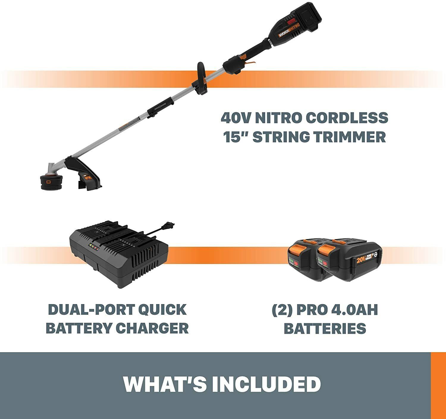 WORX WG186 40V NITRO 15" Cordless Attachment-Capable Drivershare String Trimmer