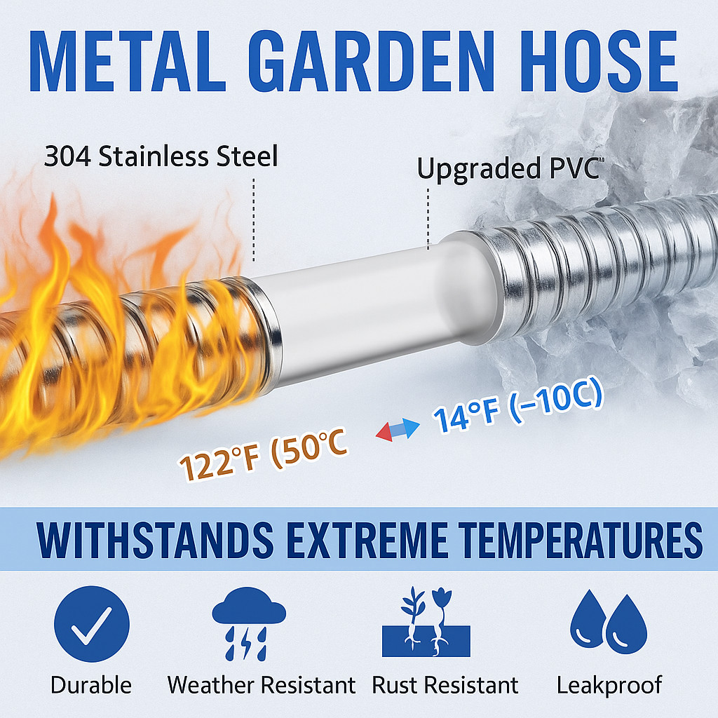 Stainless Steel Metal Garden Water Hose Pipe Flexible Lightweight 25/50/75/100FT