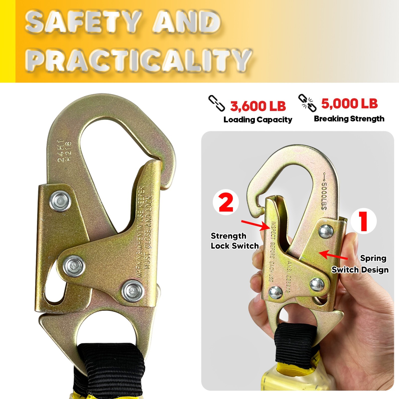 Vertical 50FT Safety Rope with Alloy Steel Grab Snap Hooks Shock Absorber