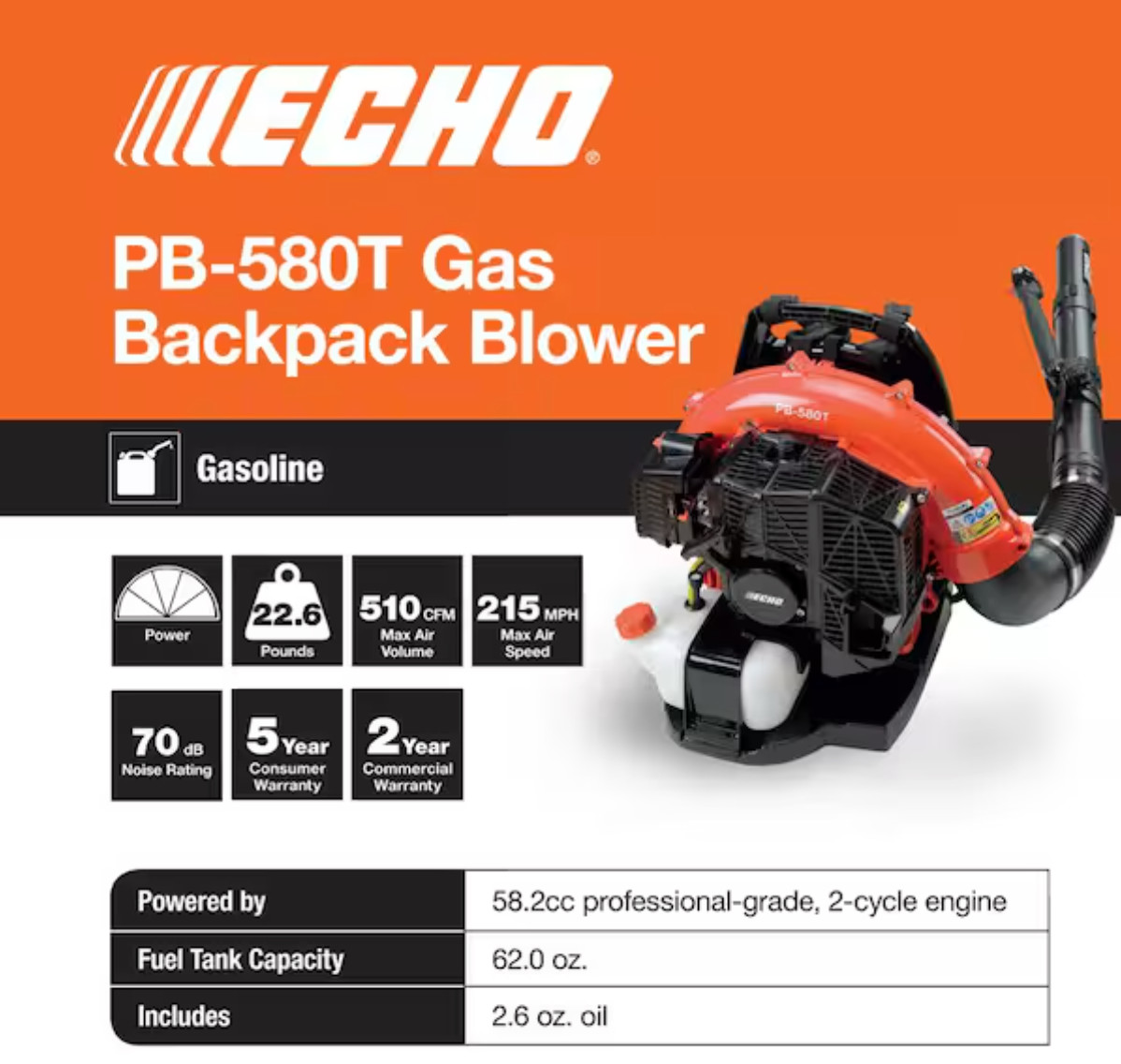 ECHO PB-580T 216 MPH 517 CFM 58.2cc Gas 2-Stroke Backpack Leaf Blower with Tube