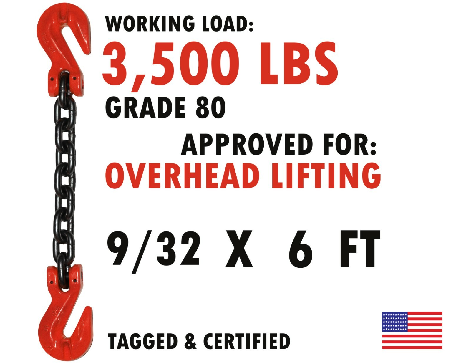 9/32" Lifting Chain 6 FT Grade 80 Single Leg Grab Hooks Tagged Overhead USA Made