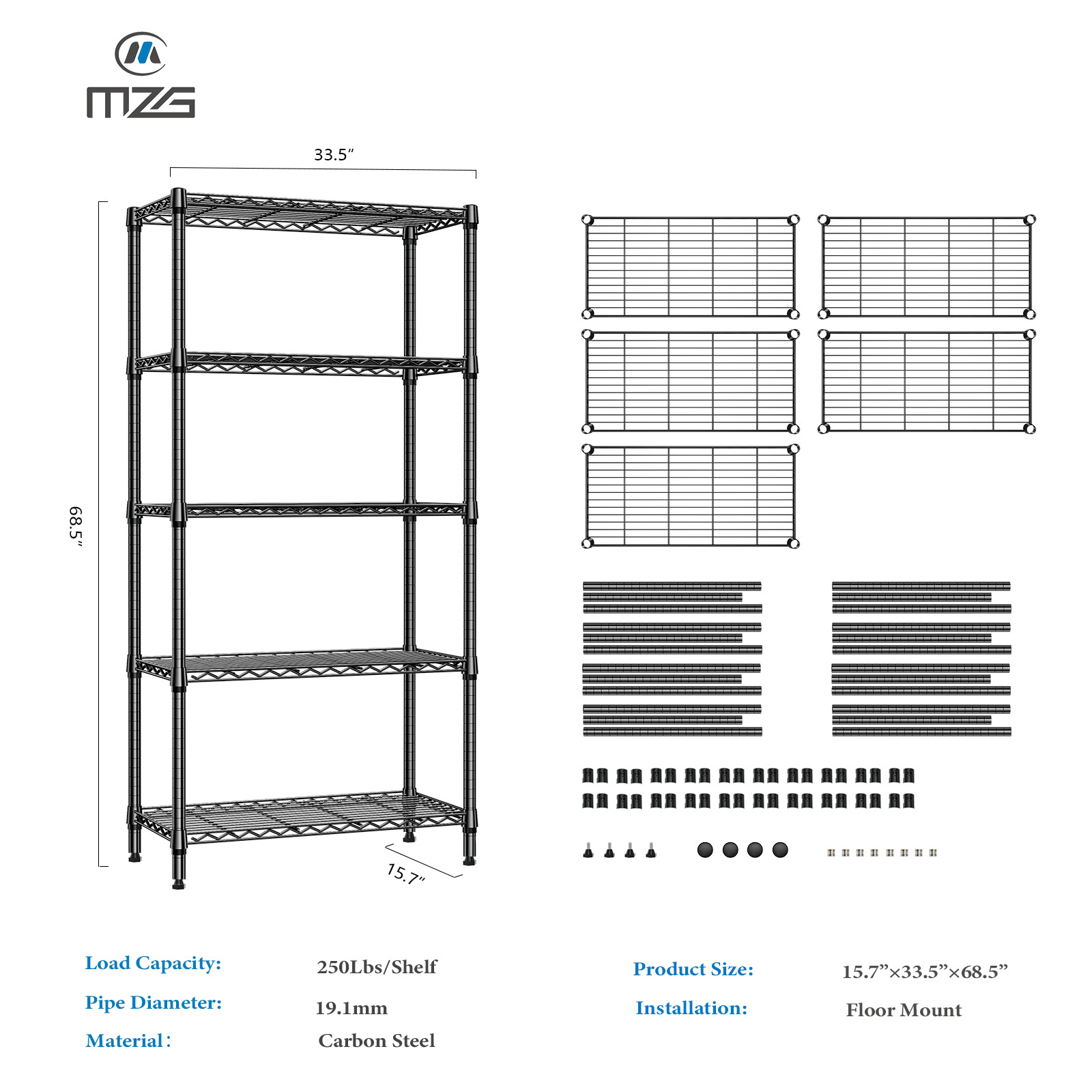 5 Tier Adjustable Wire Shelves Metal Shelf Storage Kitchen Rack 15.7x33.5x68.5"