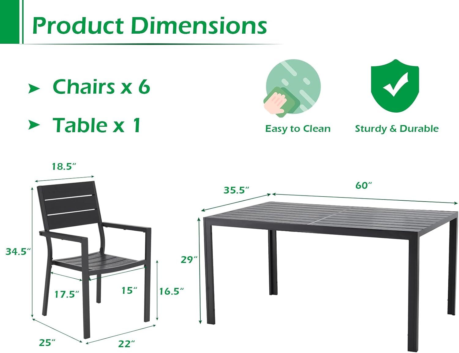 7 Piece Outdoor Dining Set, Aluminum Garden Fumiture Patio Table and Chairs Set