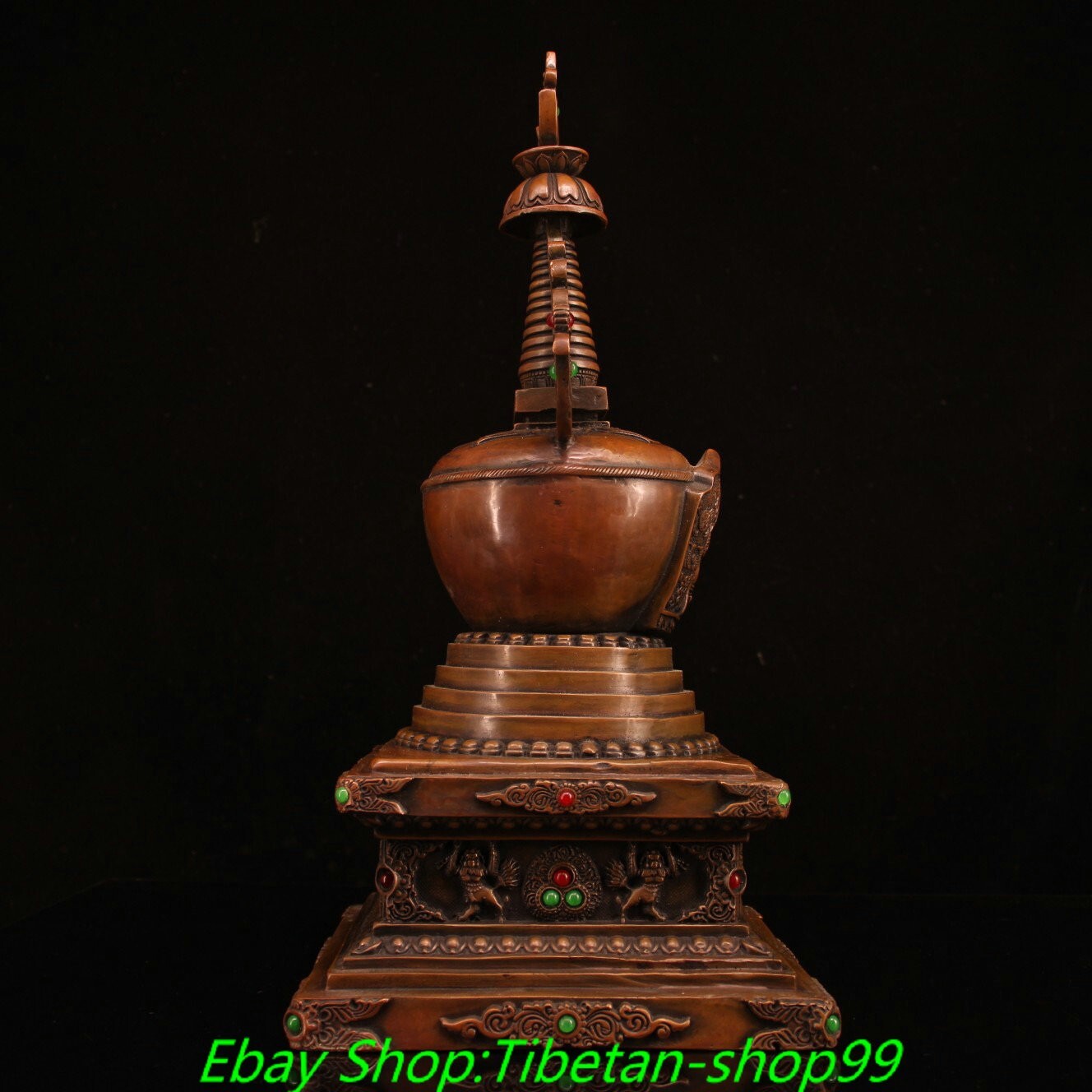 15.7'' Old Tibet Bronze Inlay Gems Shakyamuni Buddha Stupa Pagoda Tower Statue