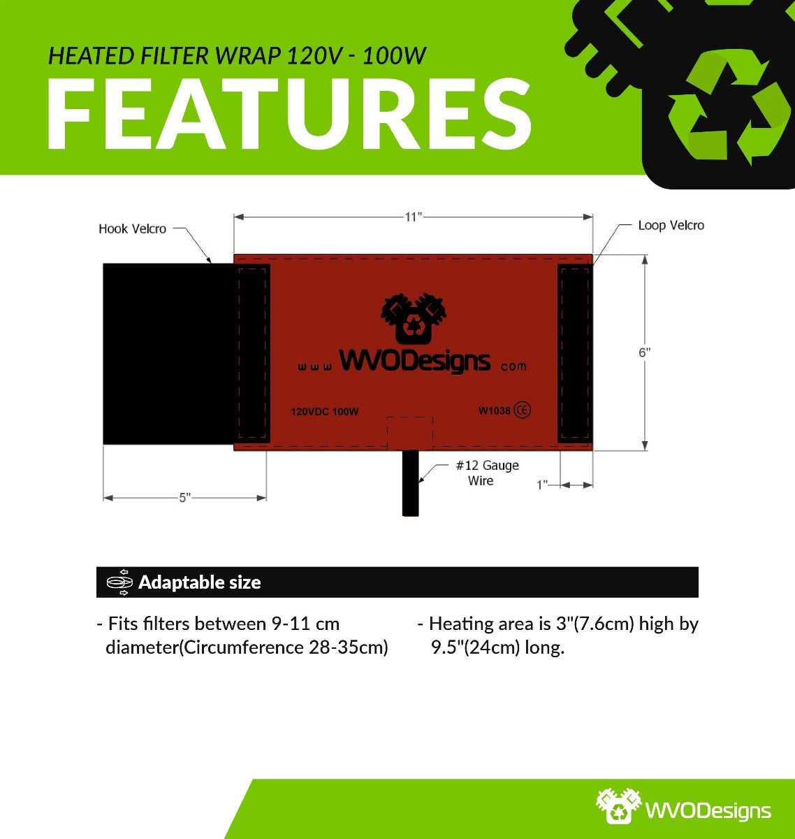 Fuel Filter Heater Wrap 100W 120V