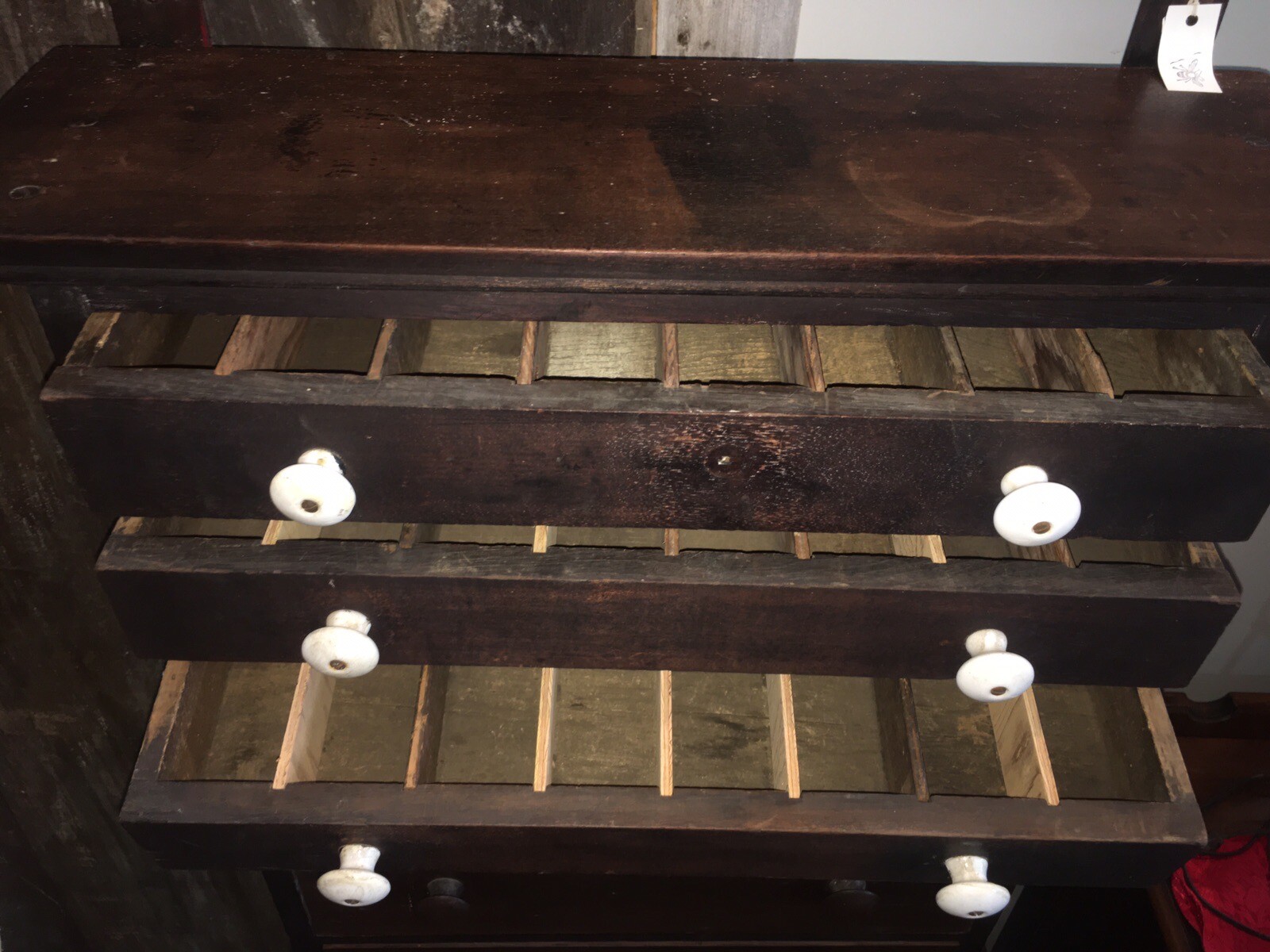 Antique 6 Drawer Wood Cabinet Porcelain Knobs 30x21-1/2x6-1/2