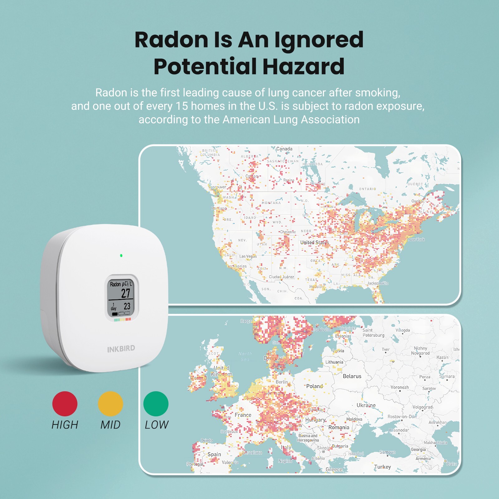 Smart Home Radon Detector Gas Meter Long/Short-term Monitoring Radon Level Test
