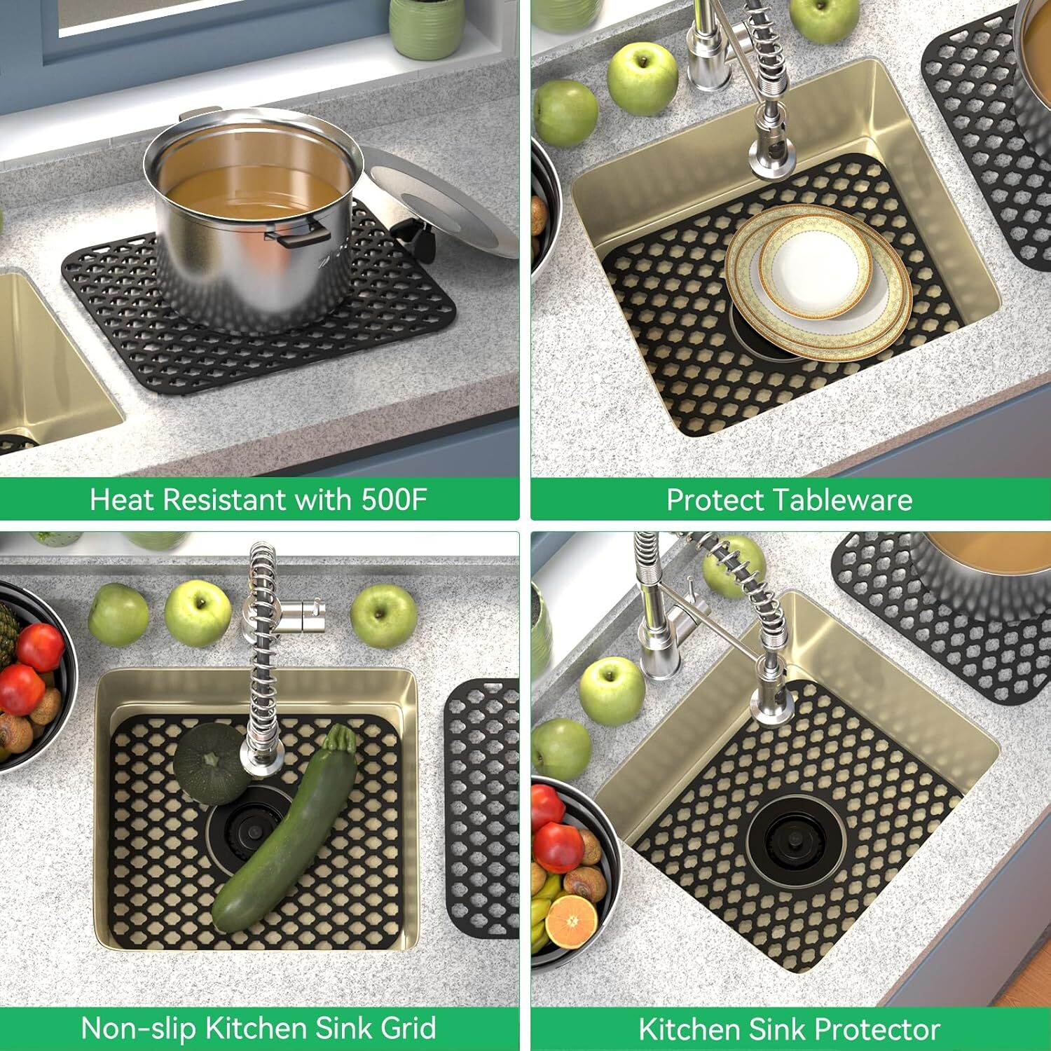 2 PACK Silicone Sink Mat Grid Kitchen Protector Folding Non-slip w/ Center Drain