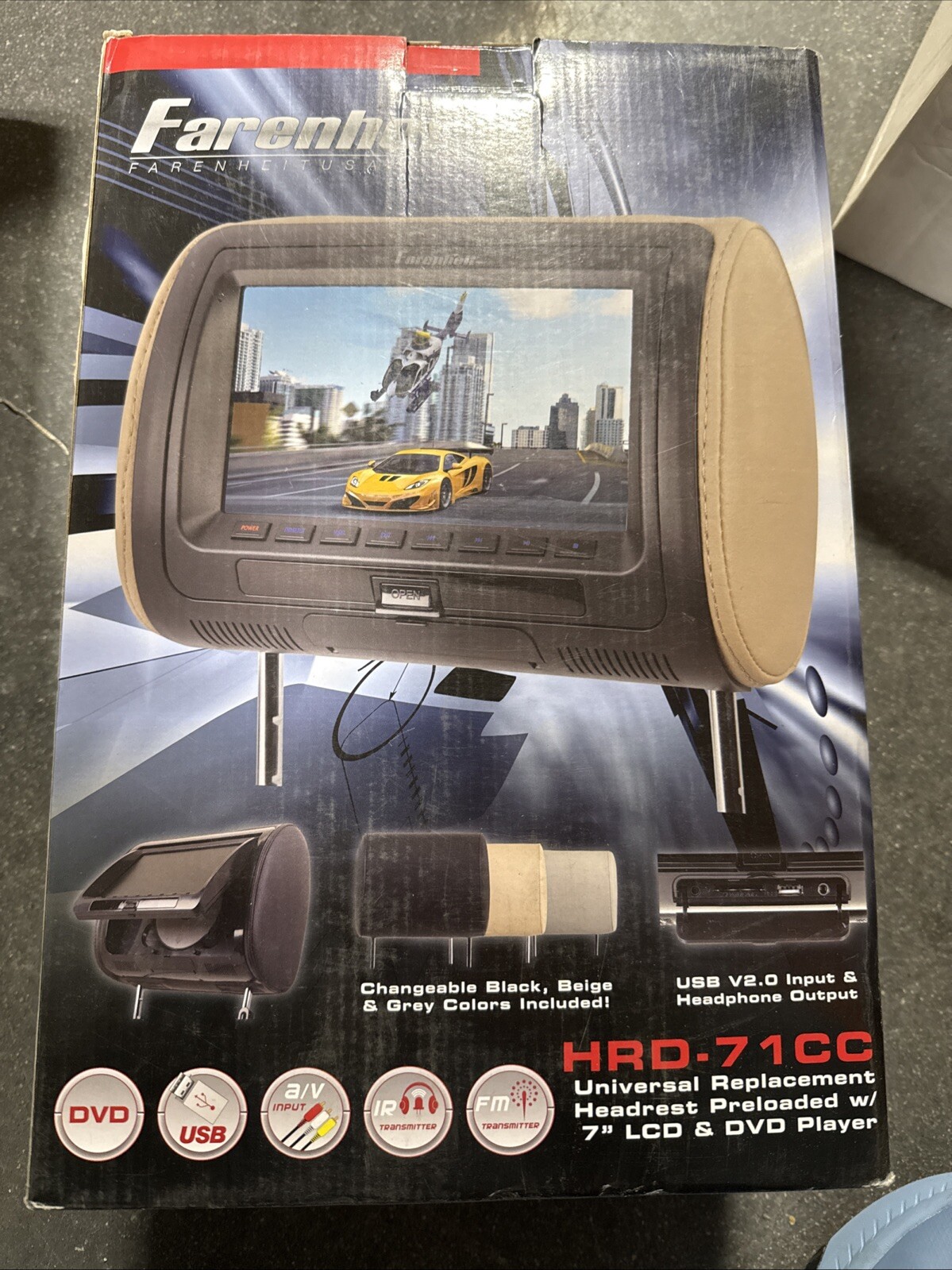 POWER ACOUSTIK HR-71CC 7" CAR HEADREST MONITOR LEADED IN A LEATHER HEAD REST NEW