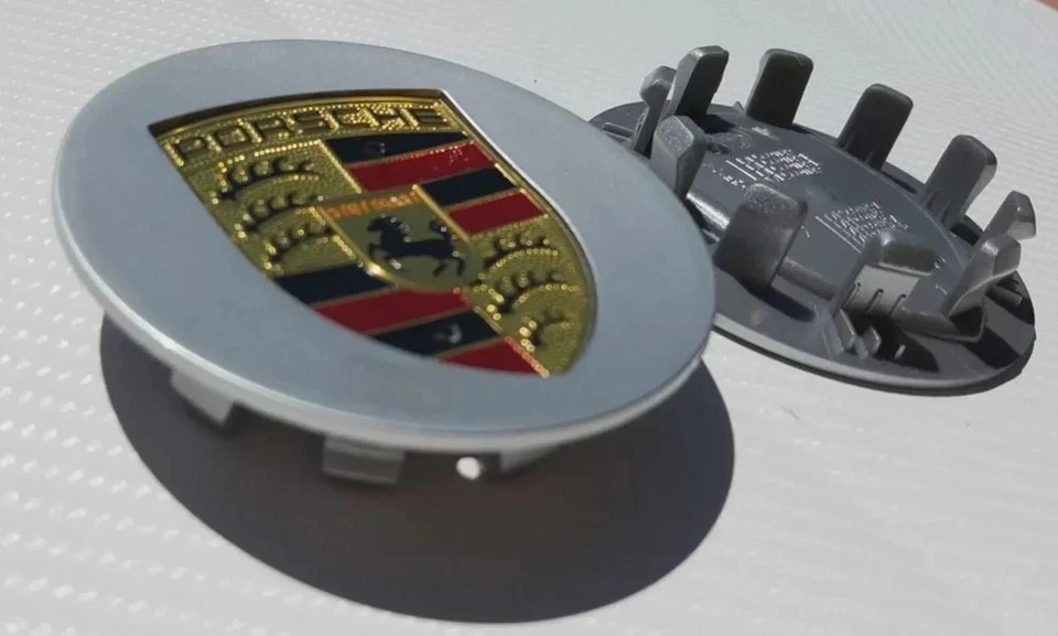 4 Porsche Silver Center Caps Concave 76mm Royal Crest 992 cayenne ,911, Carrera,