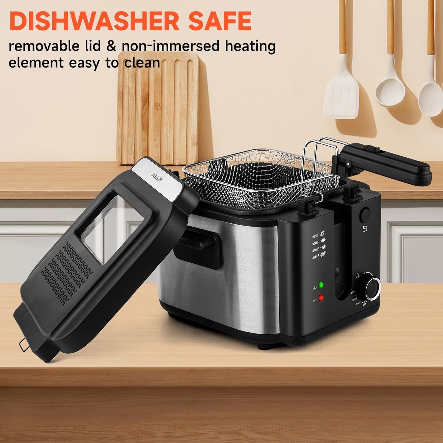 Deep Fryer 1500W Non-Stick Inner Pot Removable Lid Temp Control 2.5L