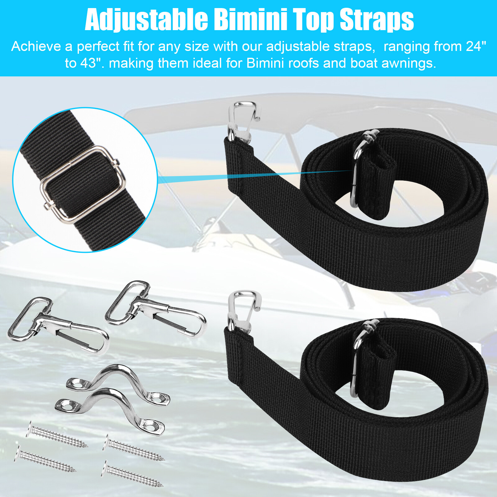 2x Adjustable Bimini Boat Top Straps Loops & Snap Hook Stainless Steel 24 To 43"