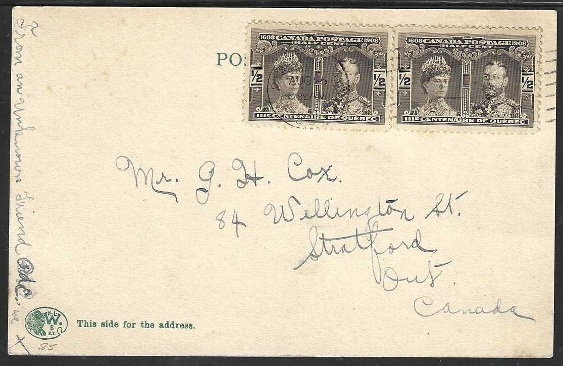 CANADA #96 (x2) on Detroit Picture Postcard pmk August 1908 to Stratford Ontario