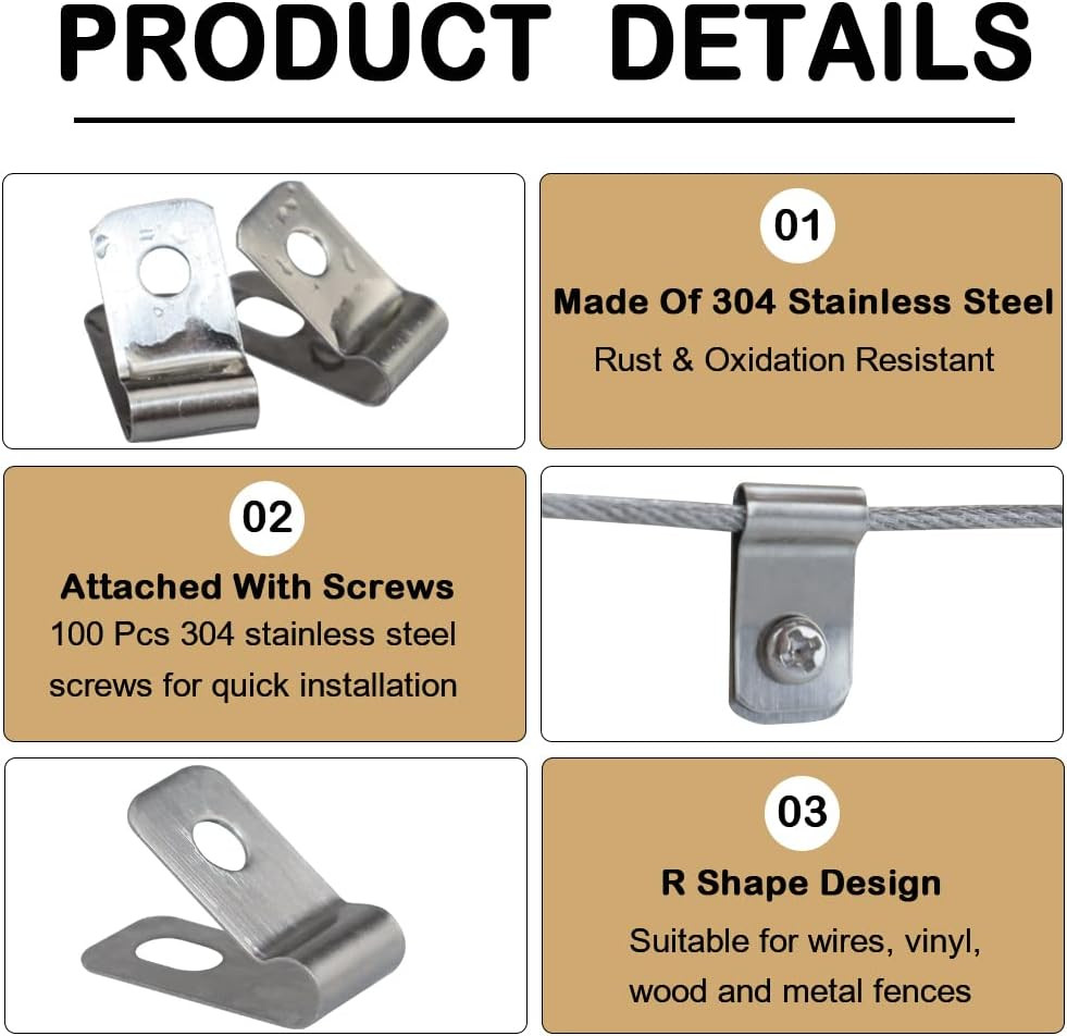 100 Pcs Wire Fence Clips Metal Clamps Stainless Steel Fencing Mounting Clips for