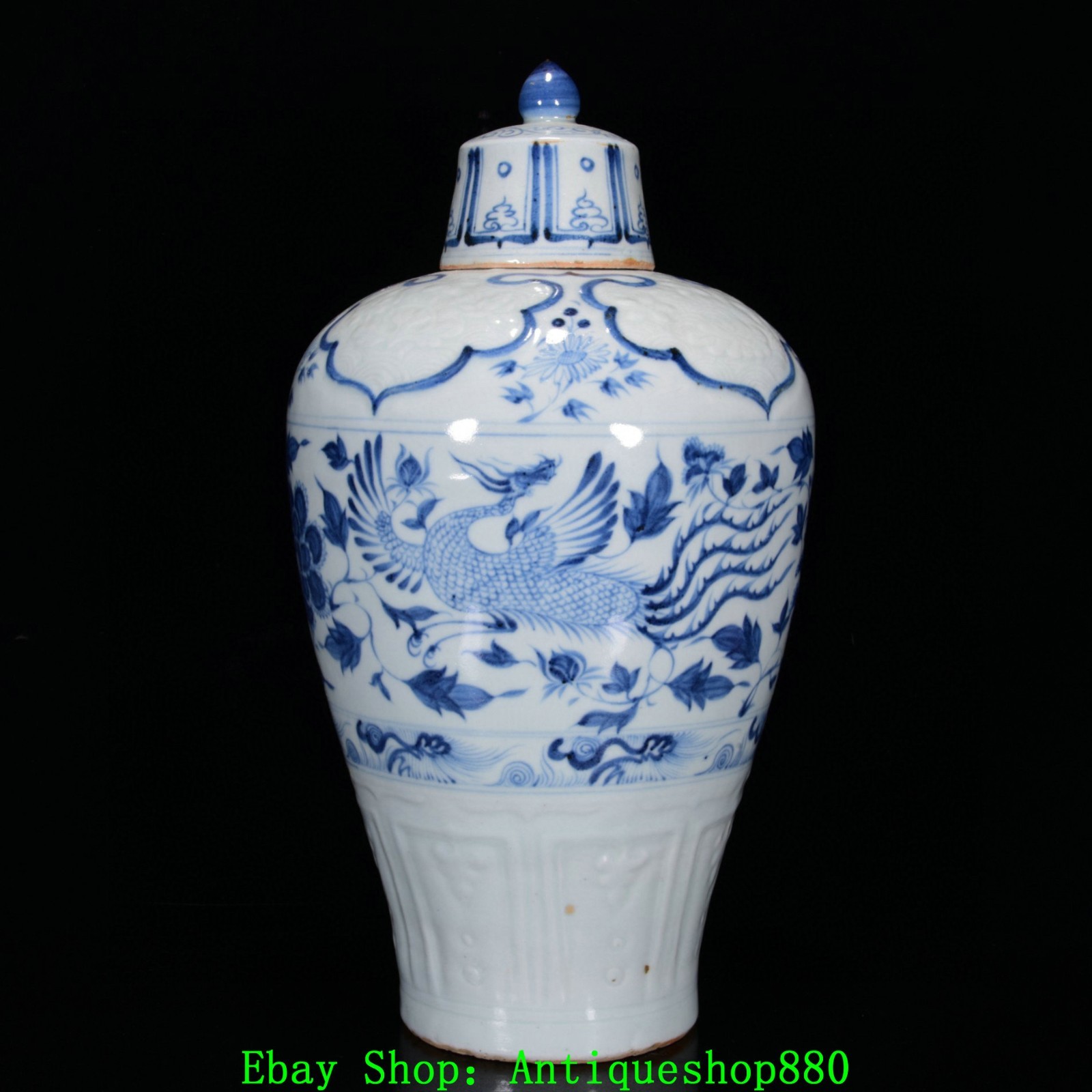 15''Yuan Dynasty Blue White Porcelain Phoenix Peony Flower Bottle Vase Pair