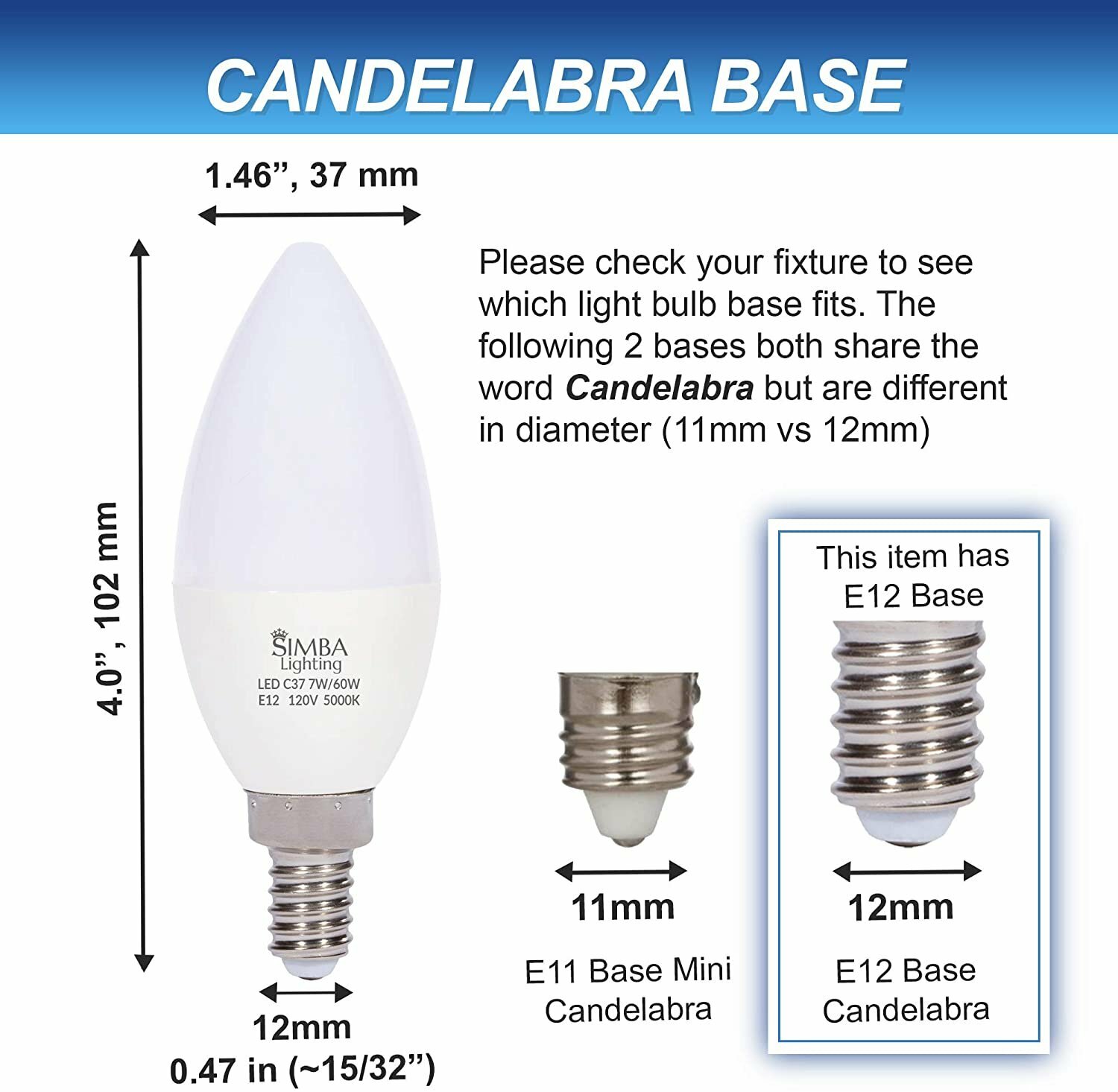 [6 Pack] LED Candelabra B11 C37 Bulbs 7W 60W Replacement 120V E12 5000K Daylight