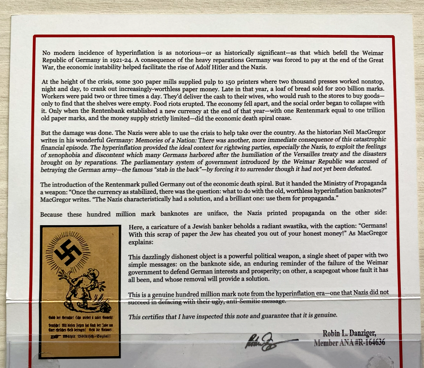 Germany HUNDRED Million Mark Propaganda Banknotes 1927 Election COA & History