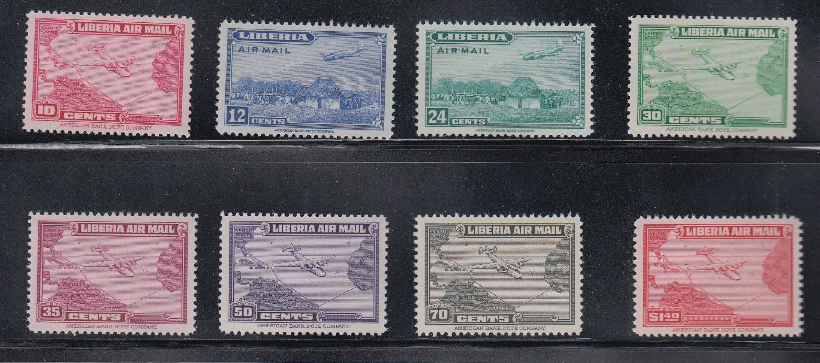 Liberia # C37-44 MNH 1942-44 Air Mail Set Map Airplane - ABNCo - PRISTINE GUM