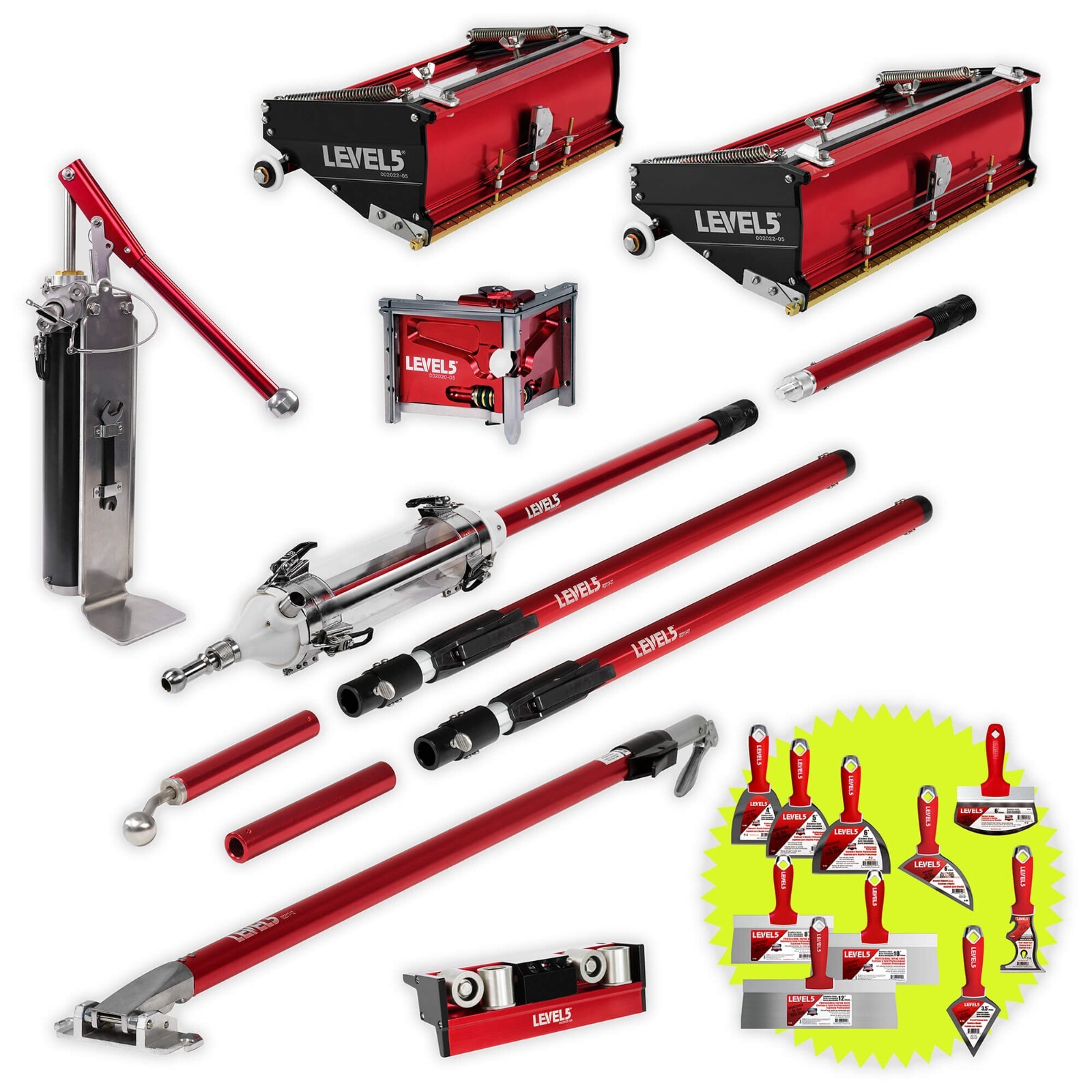 LEVEL5 Drywall Finishing Set | Flat Boxes, Ext Handles, Pump + MiniShot | 4-663P