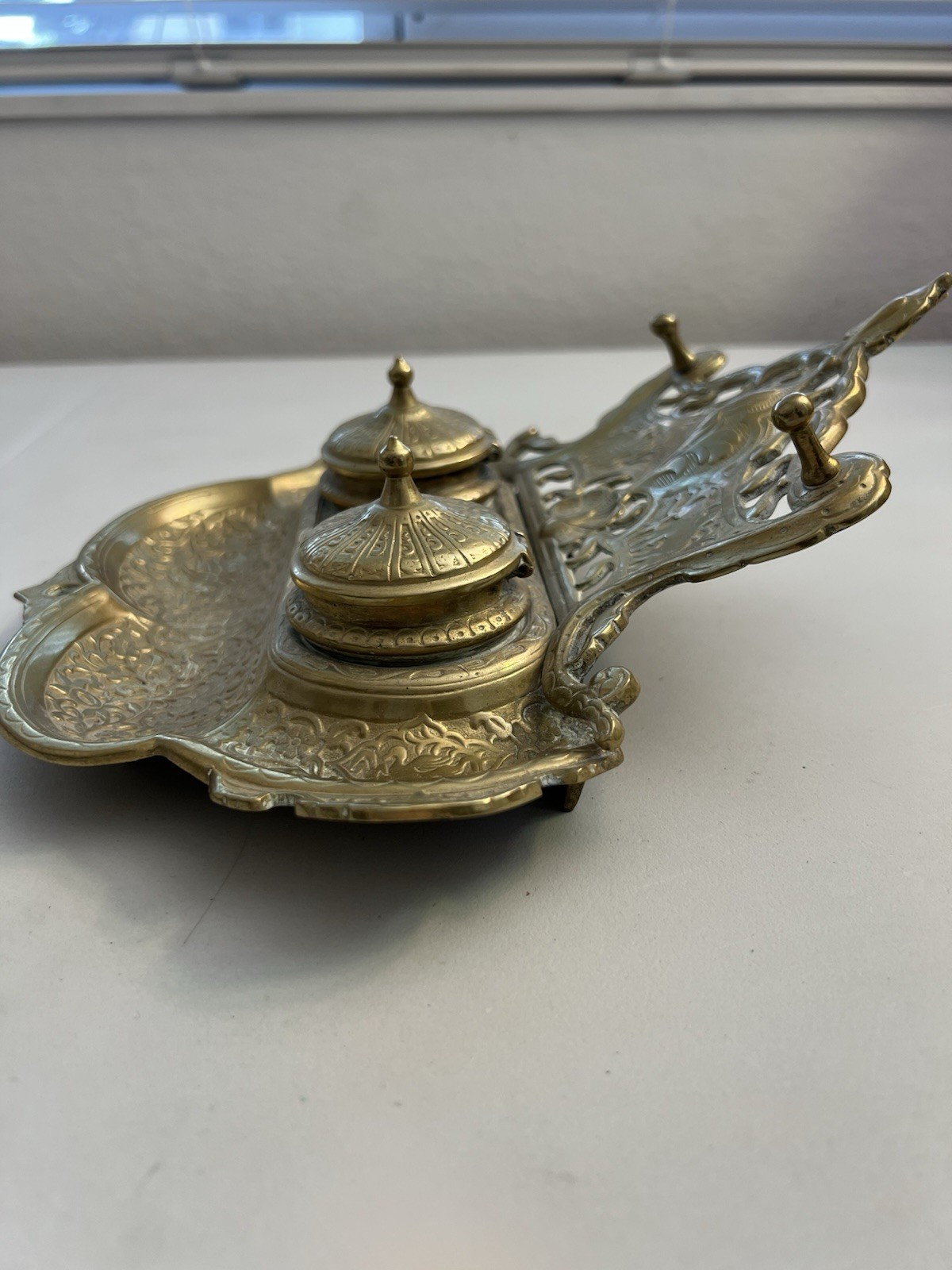 Vintage Gilded Cast Brass Art Nouveau Elephants Ornate Double Inkwell