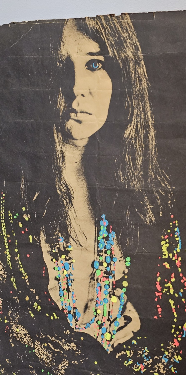 Vintage Janis Joplin Black & White Poster Altered Hand Painted Blacklight Paint