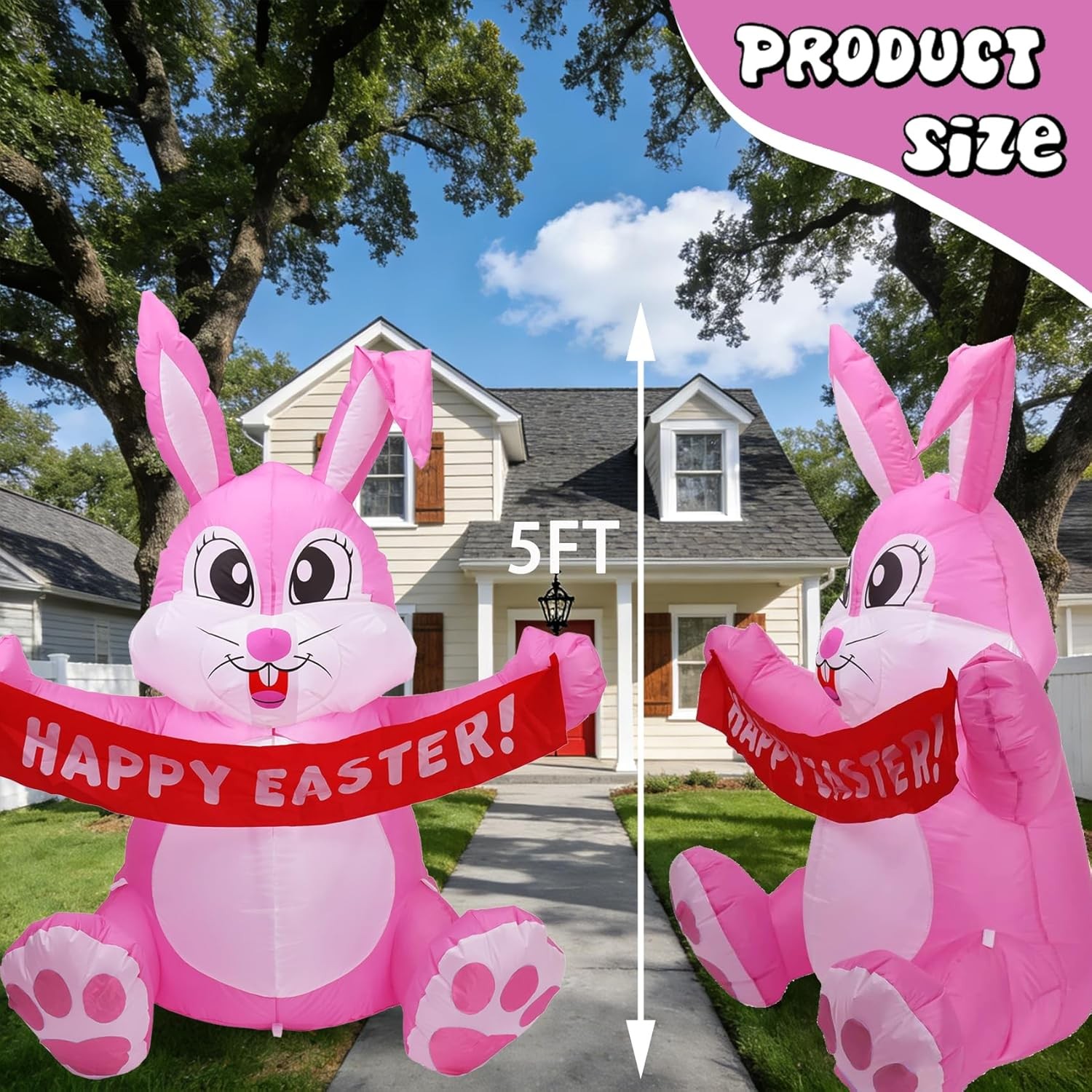5 FT Easter Pink Bunny Inflatable Lighted Yard Decorations LED Blow up Rabbit