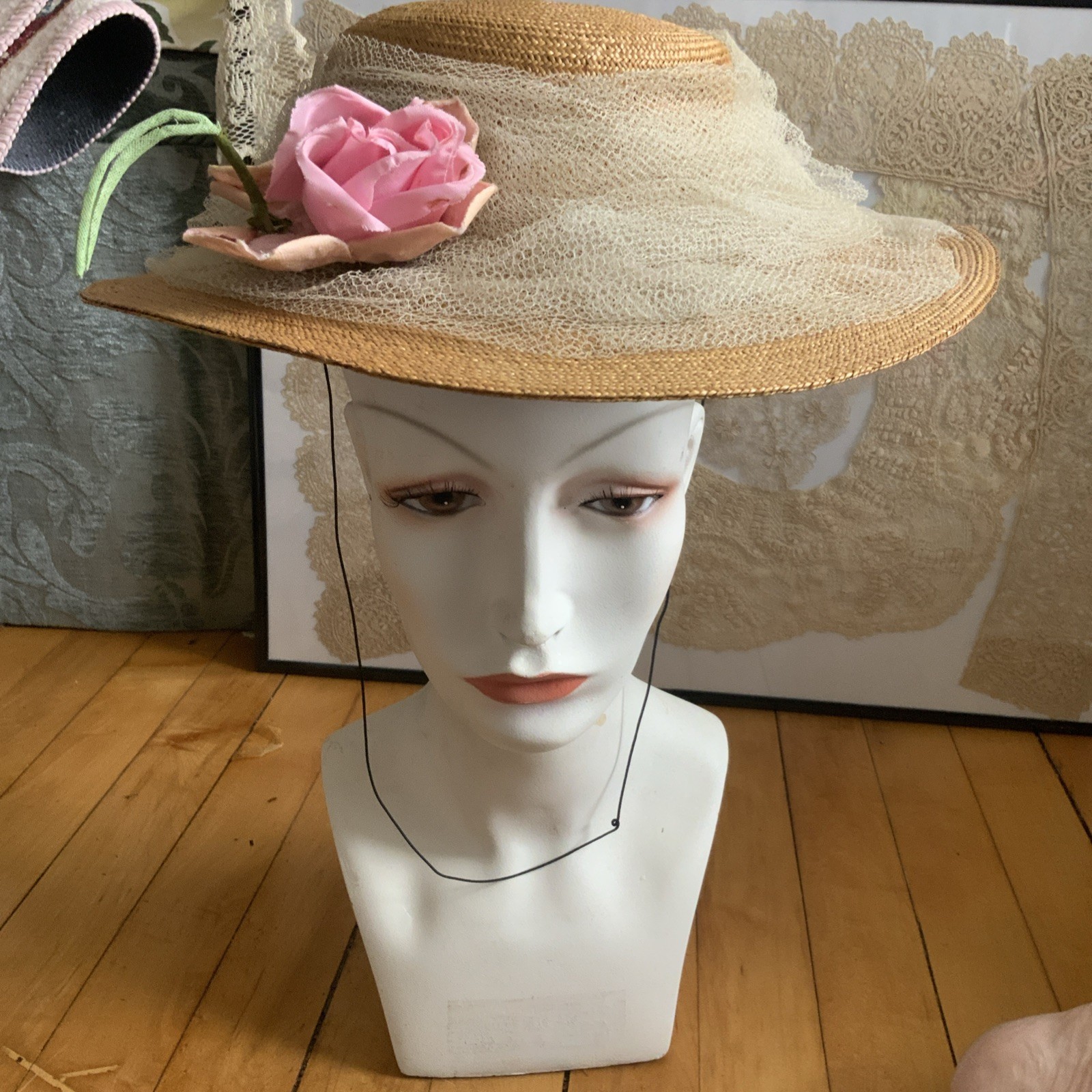 STRAW BOATER SKIMMER HAT BROWN  RIBBON VINTAGE WOMENS LARGE BRIM