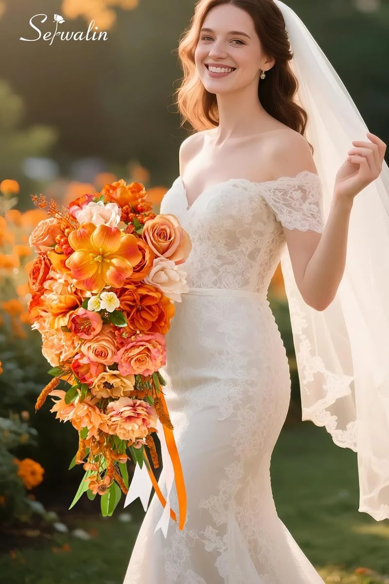 11 Inch Wedding Bouquets Bride Bridesmaid,Fall Cascading Orange Bridal Bouquets
