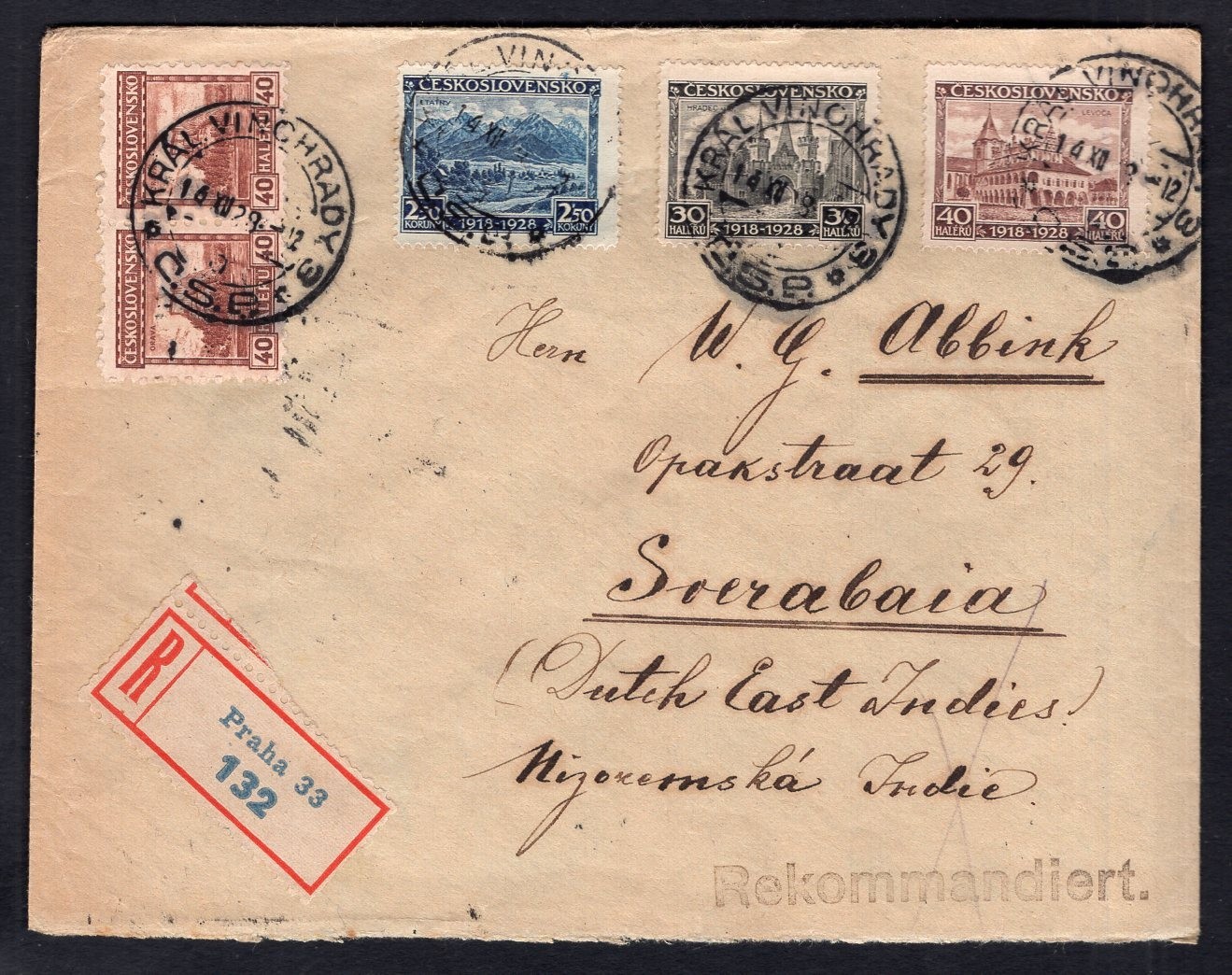 CZECHOSLOVAKIA 1929 Registered Cover to DUTCH EAST INDIES