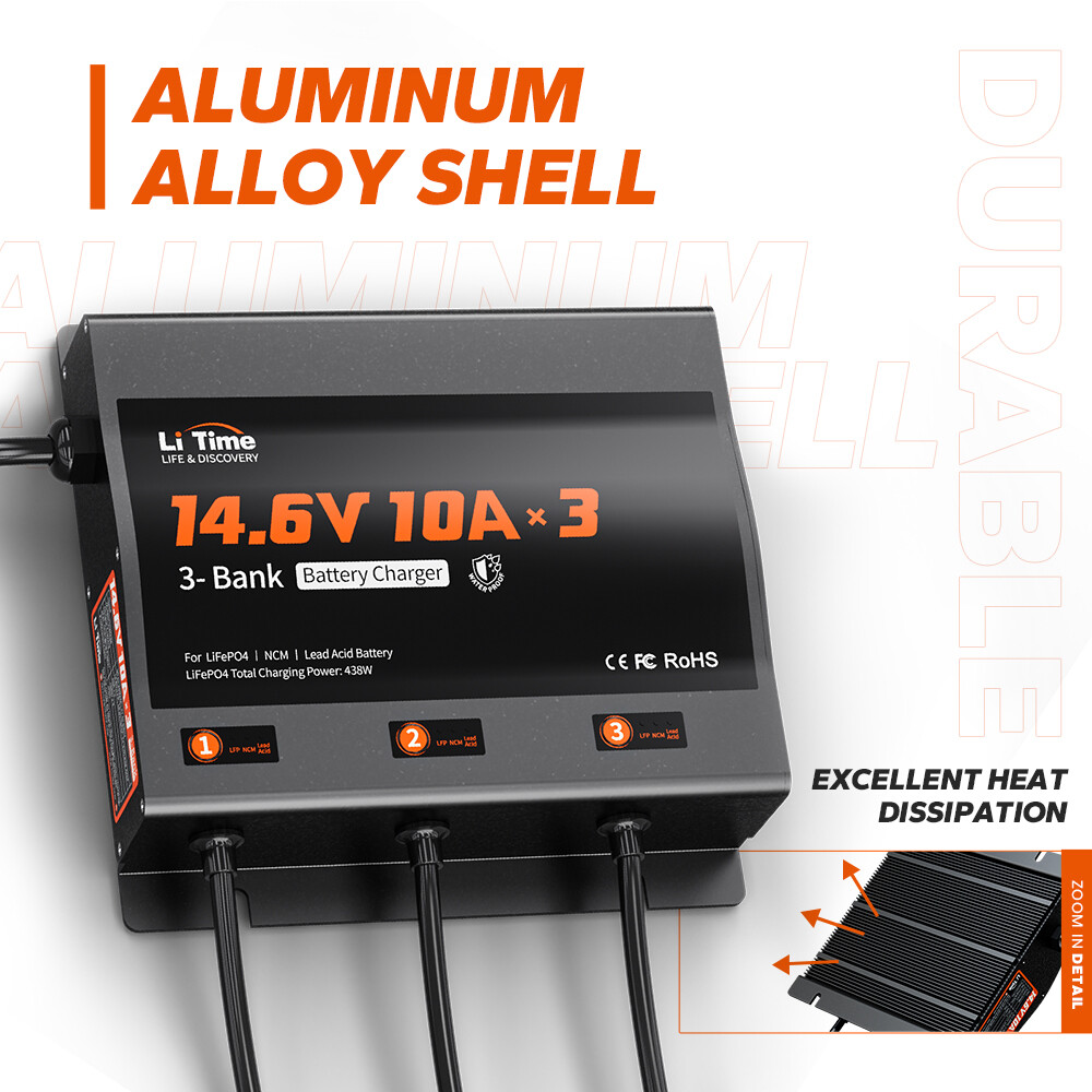 LiTime 14.6V 10A* 3 Bank Smart Battery Charger for Lithium LiFePO4 Lead Acid NCM