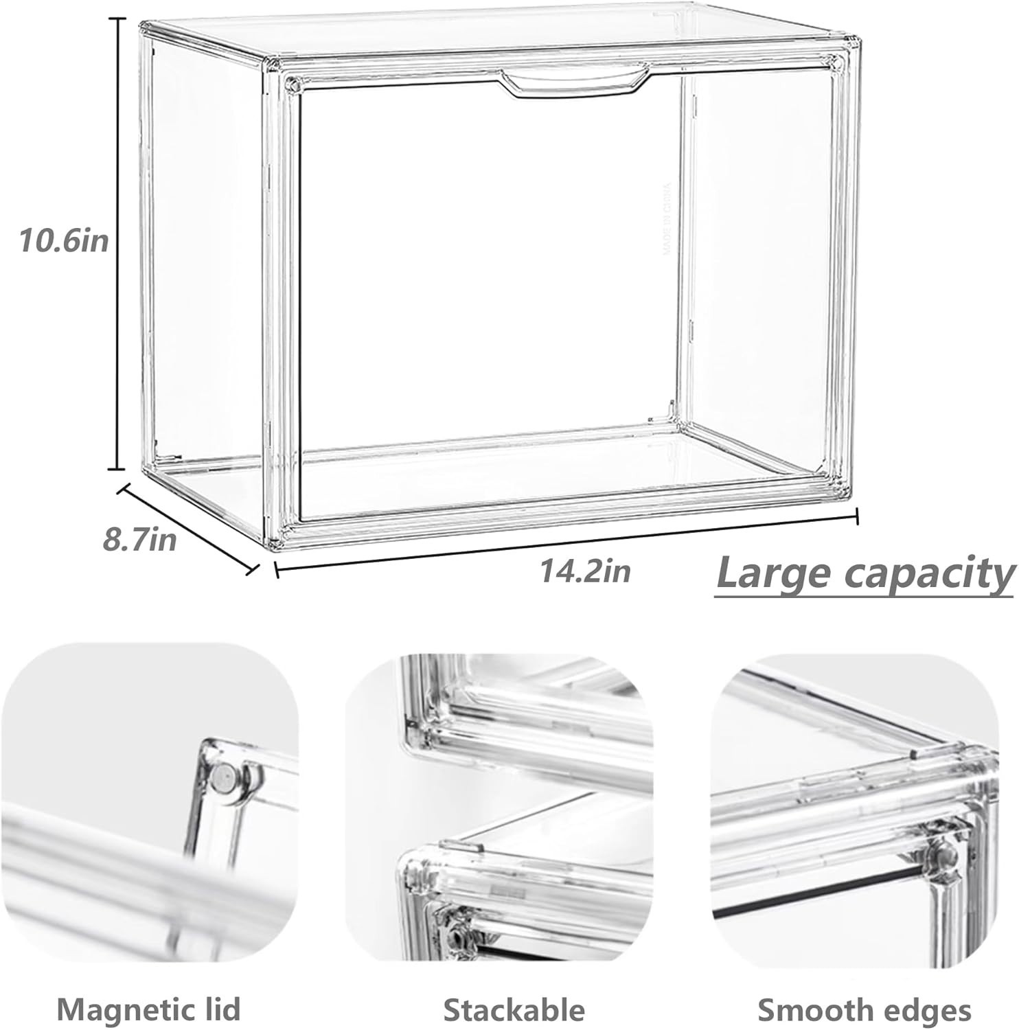 Clear Acrylic Display Case, Stackable Plastic Storage Bins with Magnetic Attract