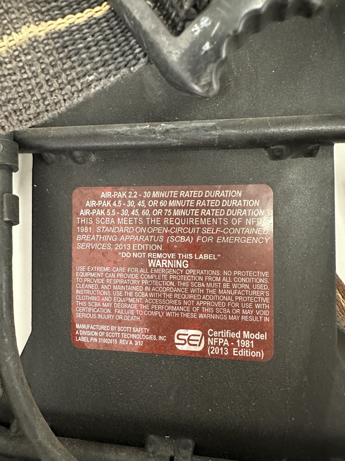 Scott AP75 Air-Pak 75 CBRN 4.5 SCBA Harness 2013 Edition w/ EZ flow regulator
