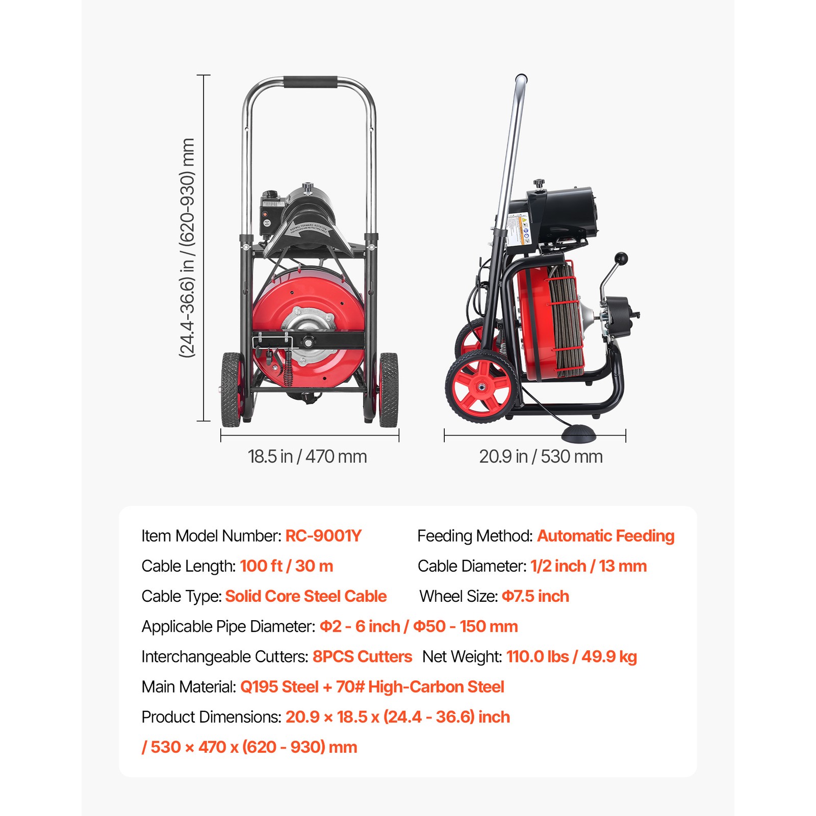 Uimoso Electric Drain Auger Machine with 100FT x 1/2 Inch Cable and Auto Feed