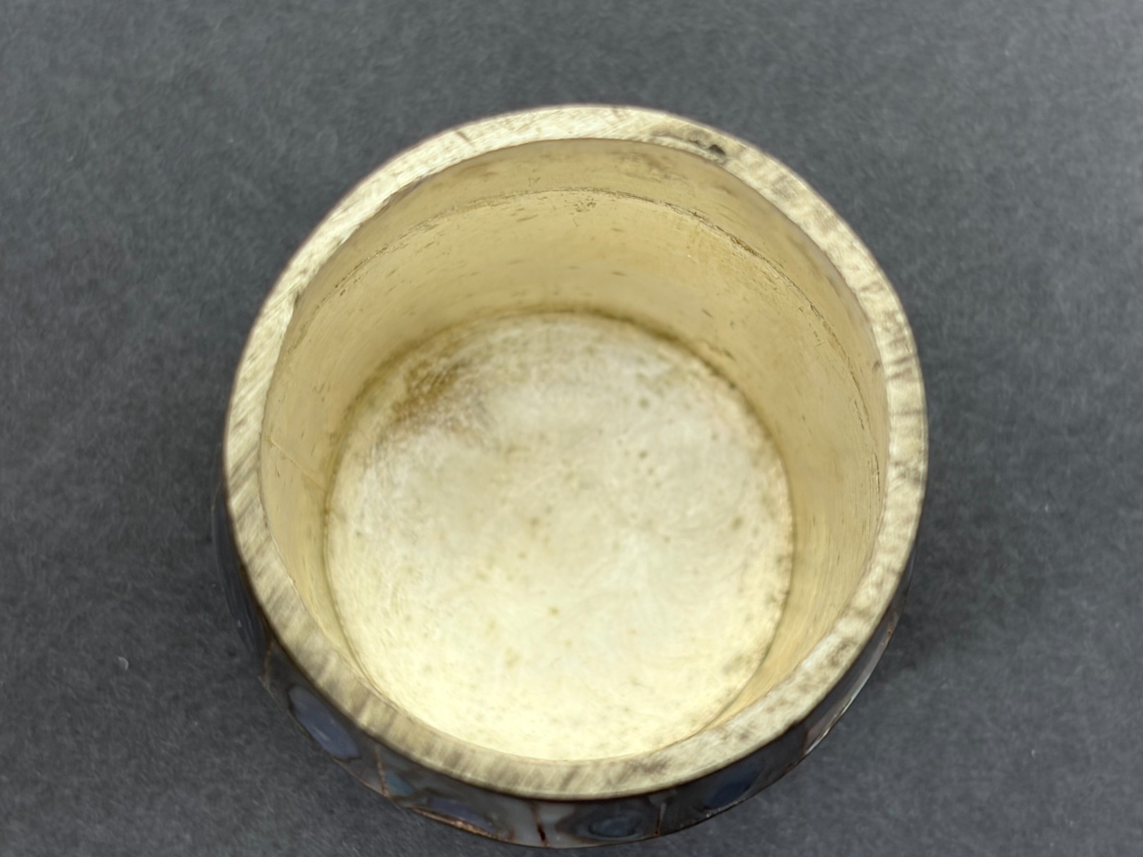 Vintage Brass and Abalone Barrel Shaped Shell Shot Glass Made in Mexico