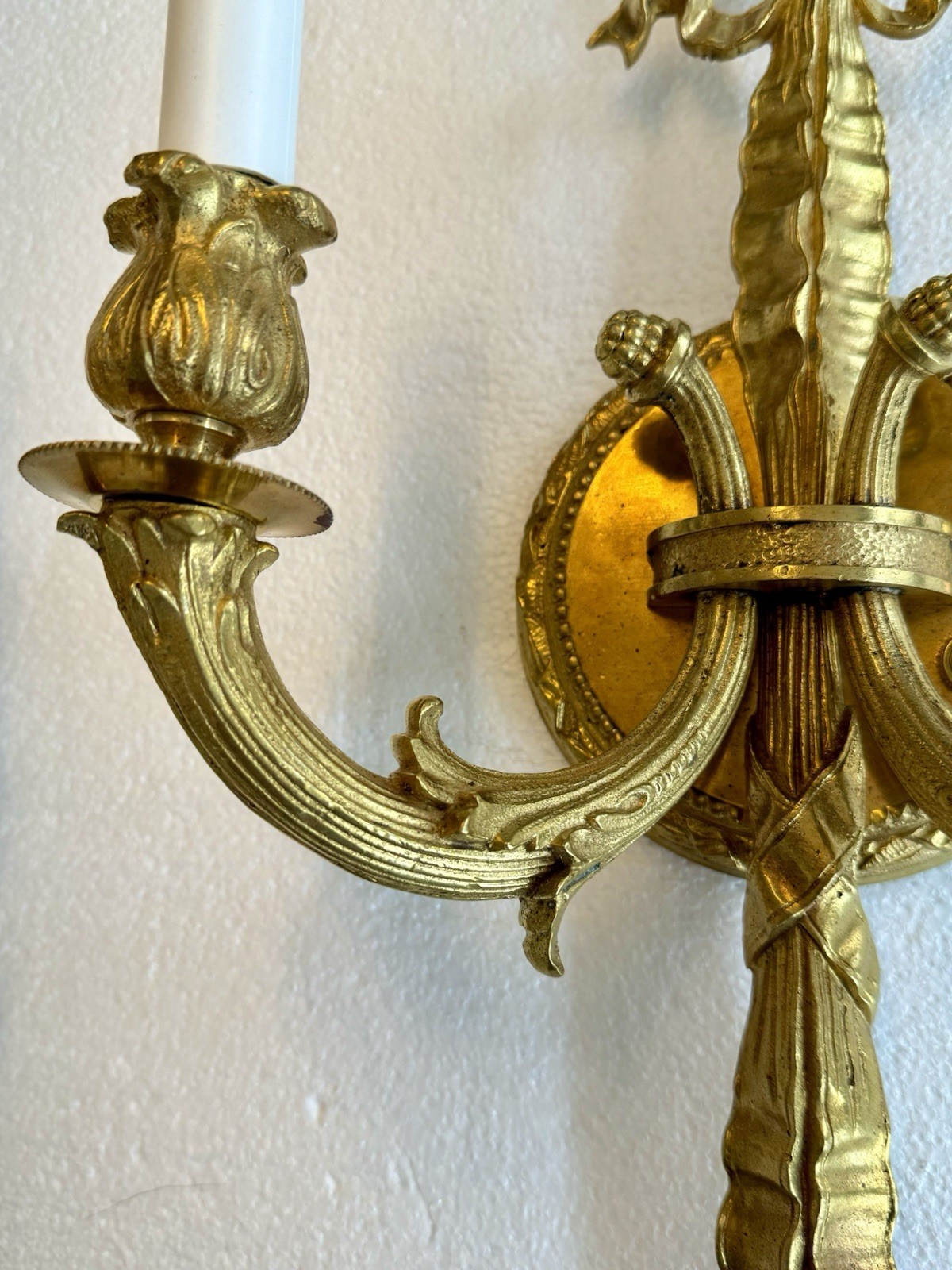 PAIR Antique French Gilt Brass Rope Bow Tassels Wall Sconce Candelabras A1