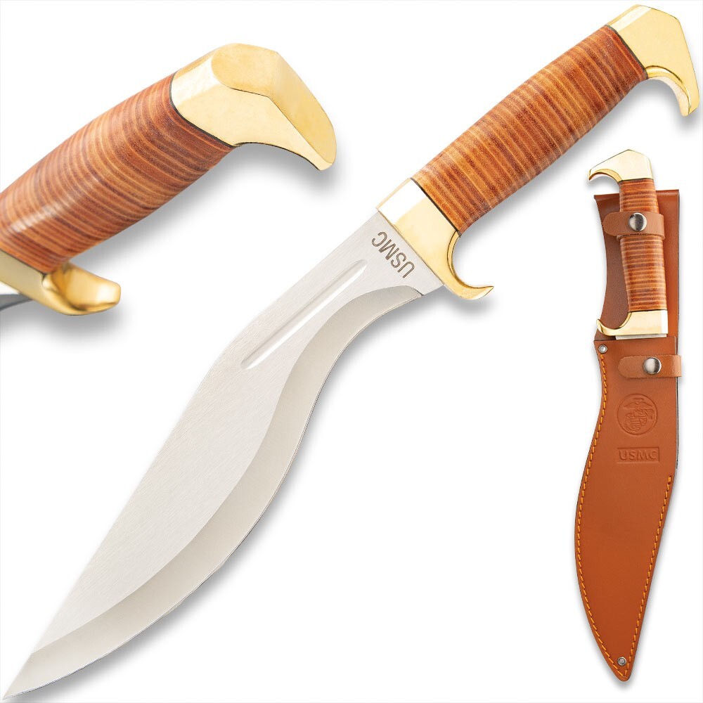 USMC Stacked Leather Handle Kukri Knife with Sheath | 16 1/2" Overall Length
