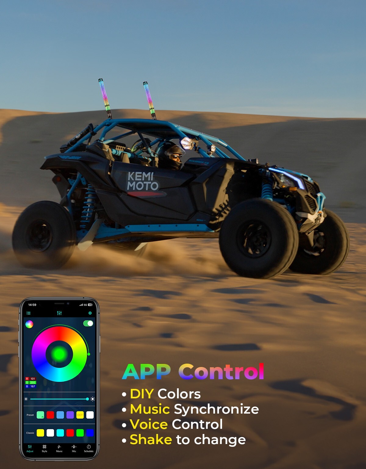 KEMIMOTO 2FT Fat Whip Lights LED Spiral Chasing Lighted w/ Remote & APP Control