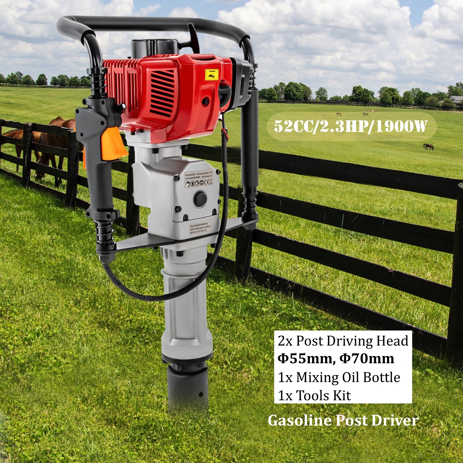 52CC Gas Powered Post Driver Fence Pile Driver 2.3HP T Post Push Pile Hammer Kit