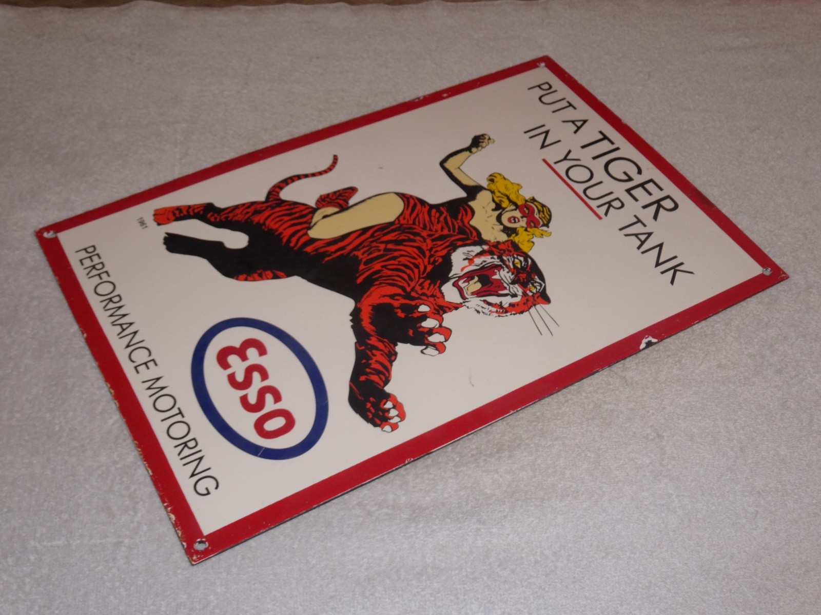VINTAGE 1961 "ESSO CAT WOMAN RIDING TIGER" 18" PORCELAIN METAL GASOLINE OIL SIGN