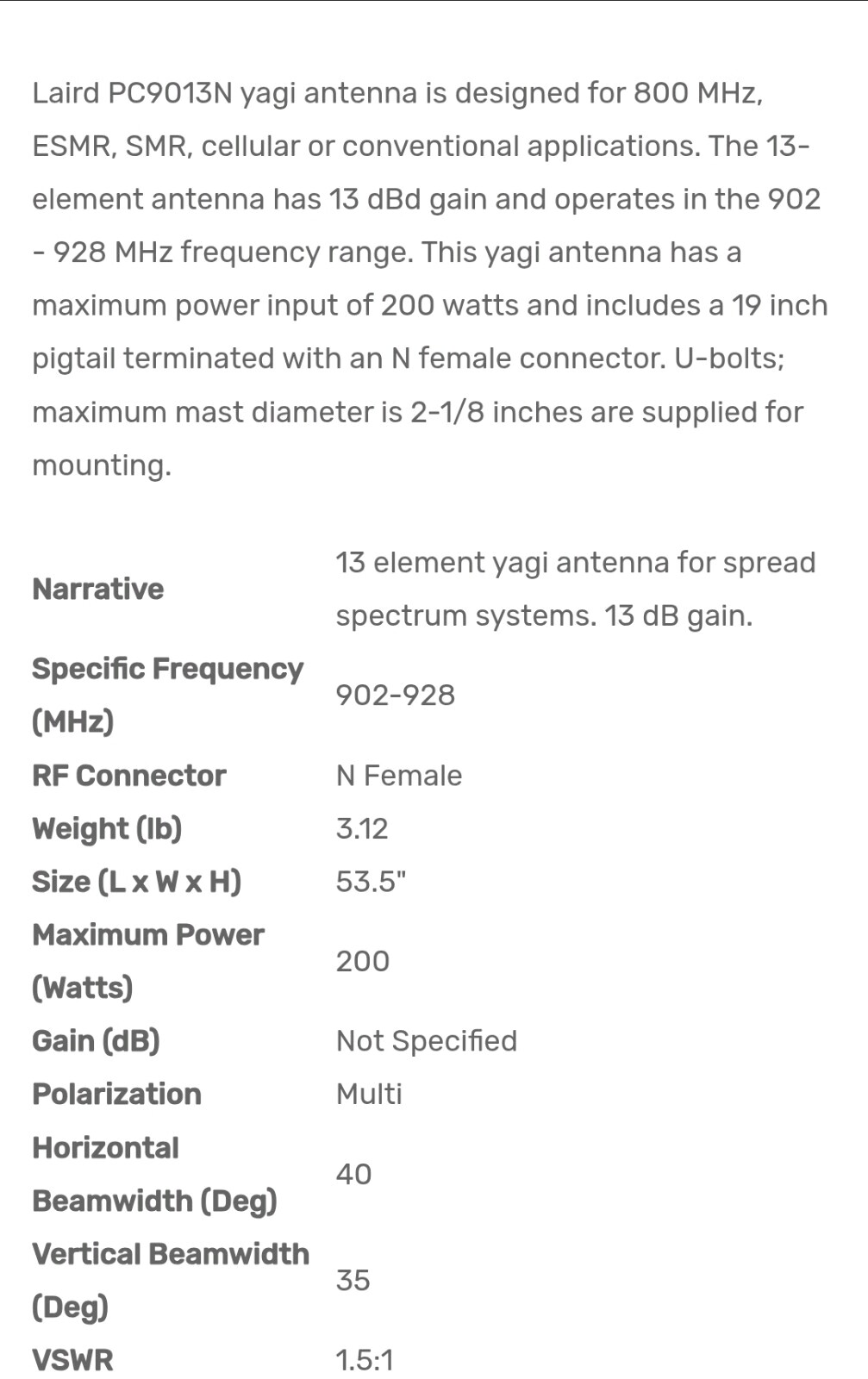 Laird Technologies 902-928 MHz Antenna