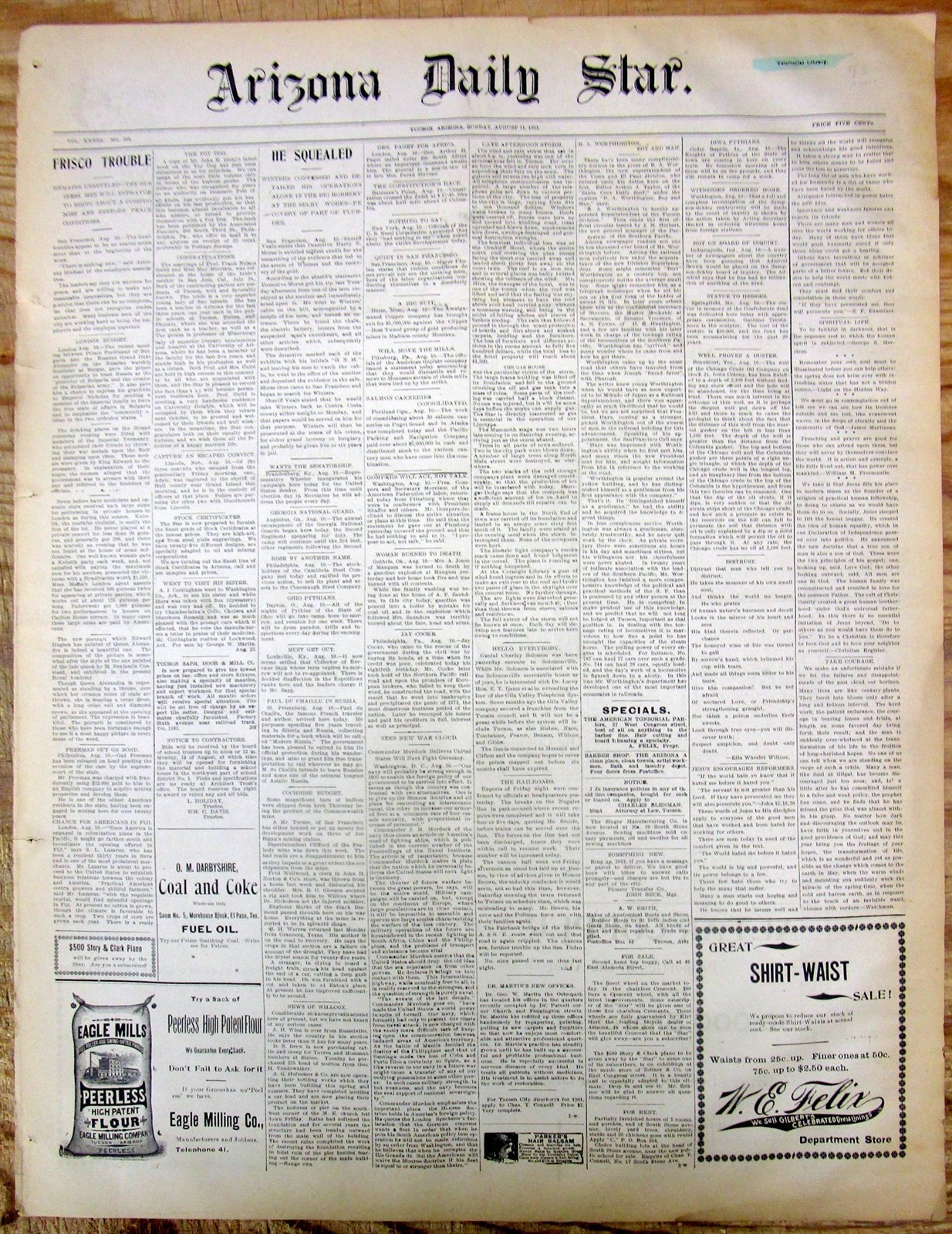 Lot of 5 1901 TUCSON Arizona Territory newspapers WILD WEST frontier 125 yrs old